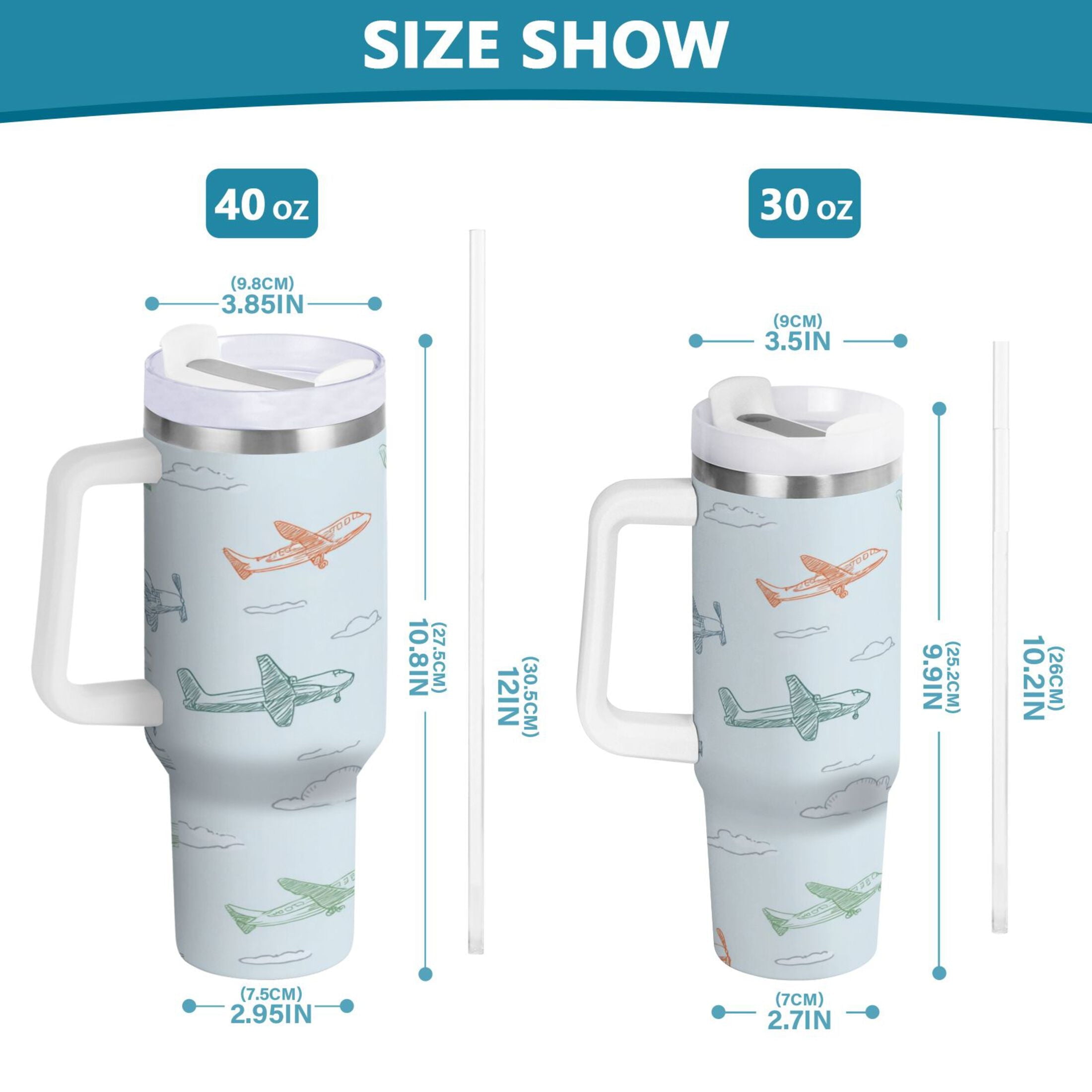 30 oz Insulated Stainless Steel Tumbler Double Wall Stainless Steel Tumbler with 2-Way Drinking Pastel Doodle Airplanes NJ7A