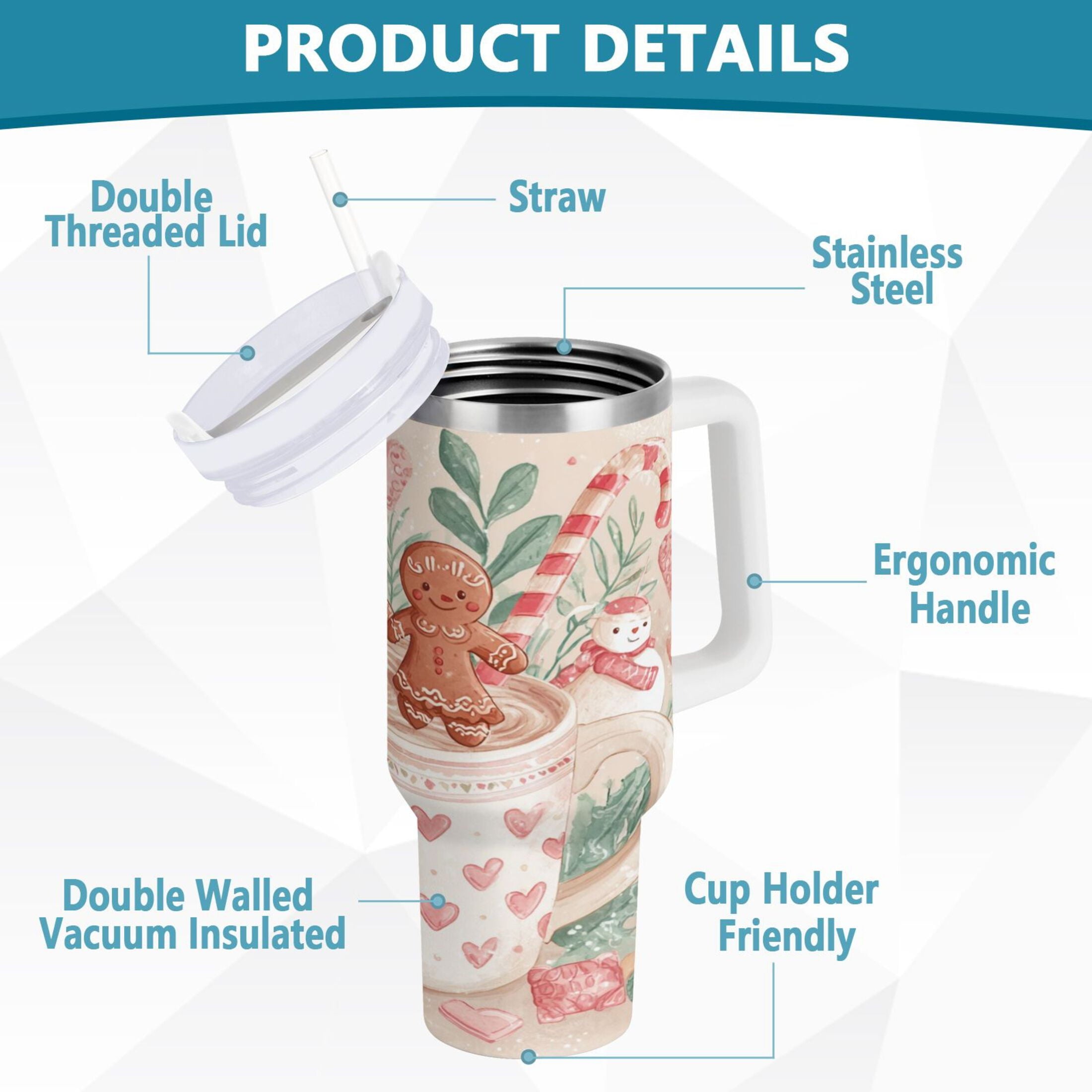 30 oz Insulated Stainless Steel Tumbler Double Wall Stainless Steel Tumbler with 2-Way Drinking Cute Christmas Design HF9R