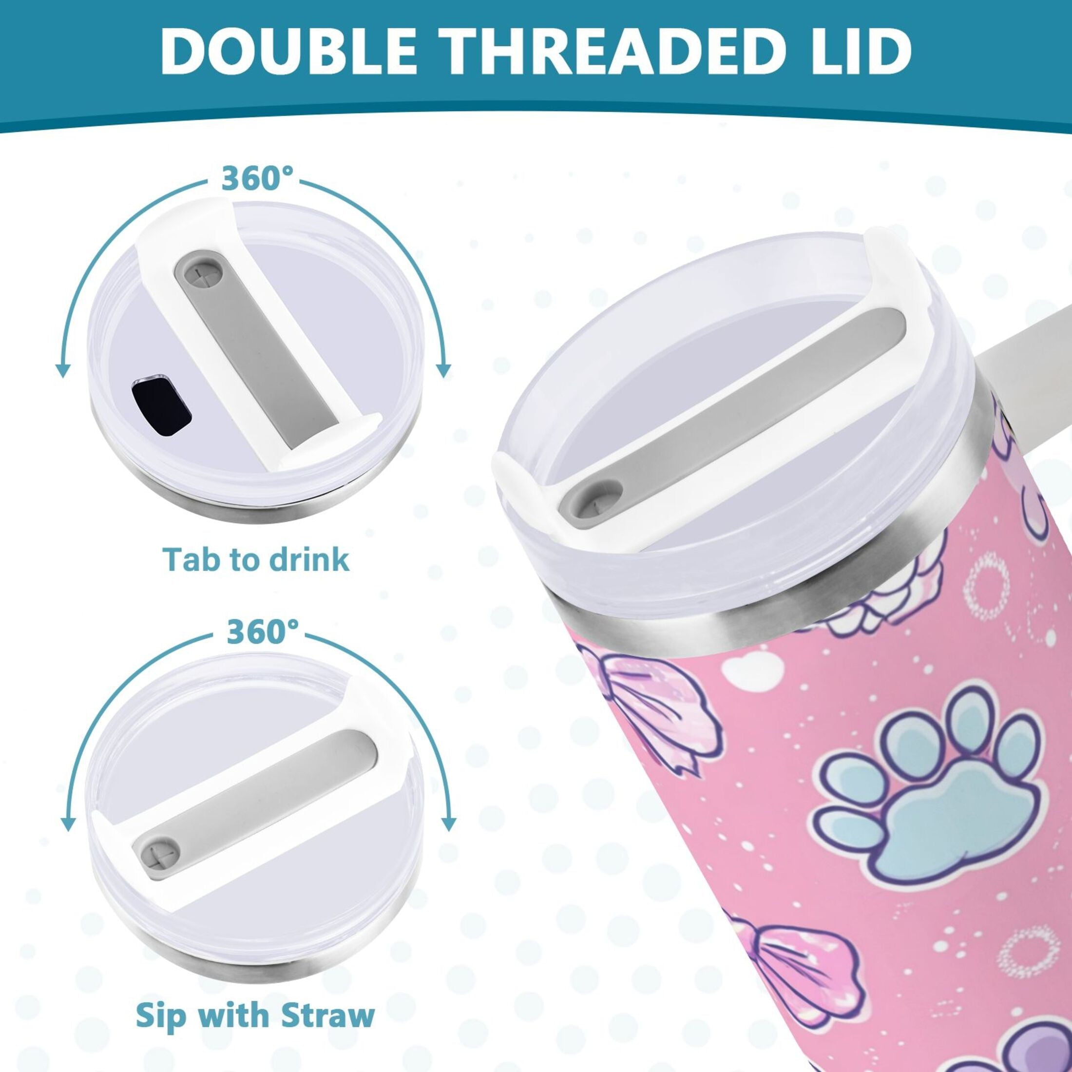 30 oz Insulated Stainless Steel Tumbler Double Wall Stainless Steel Tumbler with 2-Way Drinking Dog Paw Prints and Bows KWOF