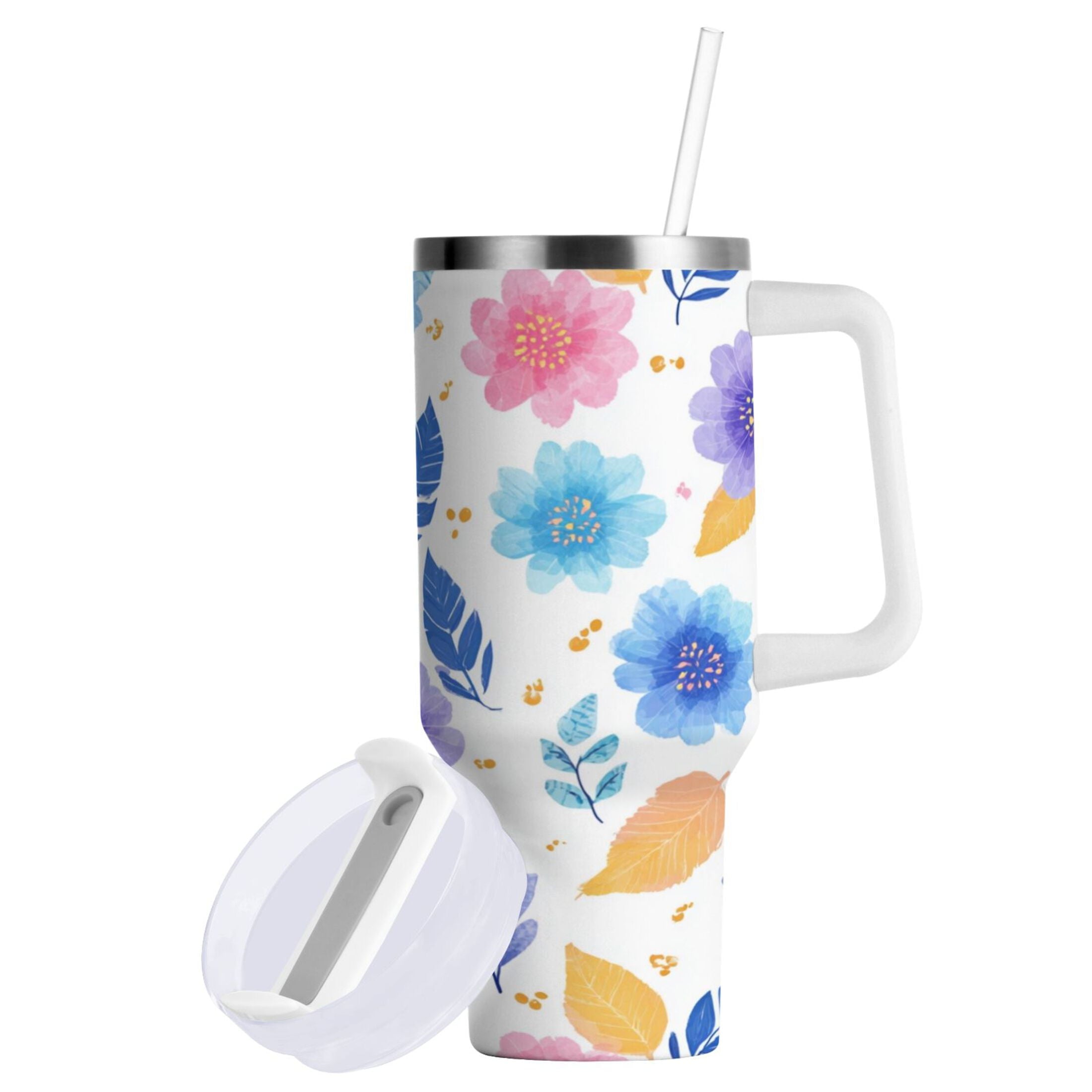 30 oz Insulated Stainless Steel Tumbler Double Wall Stainless Steel Tumbler with 2-Way Drinking Blue and Purple Flowers IHD9