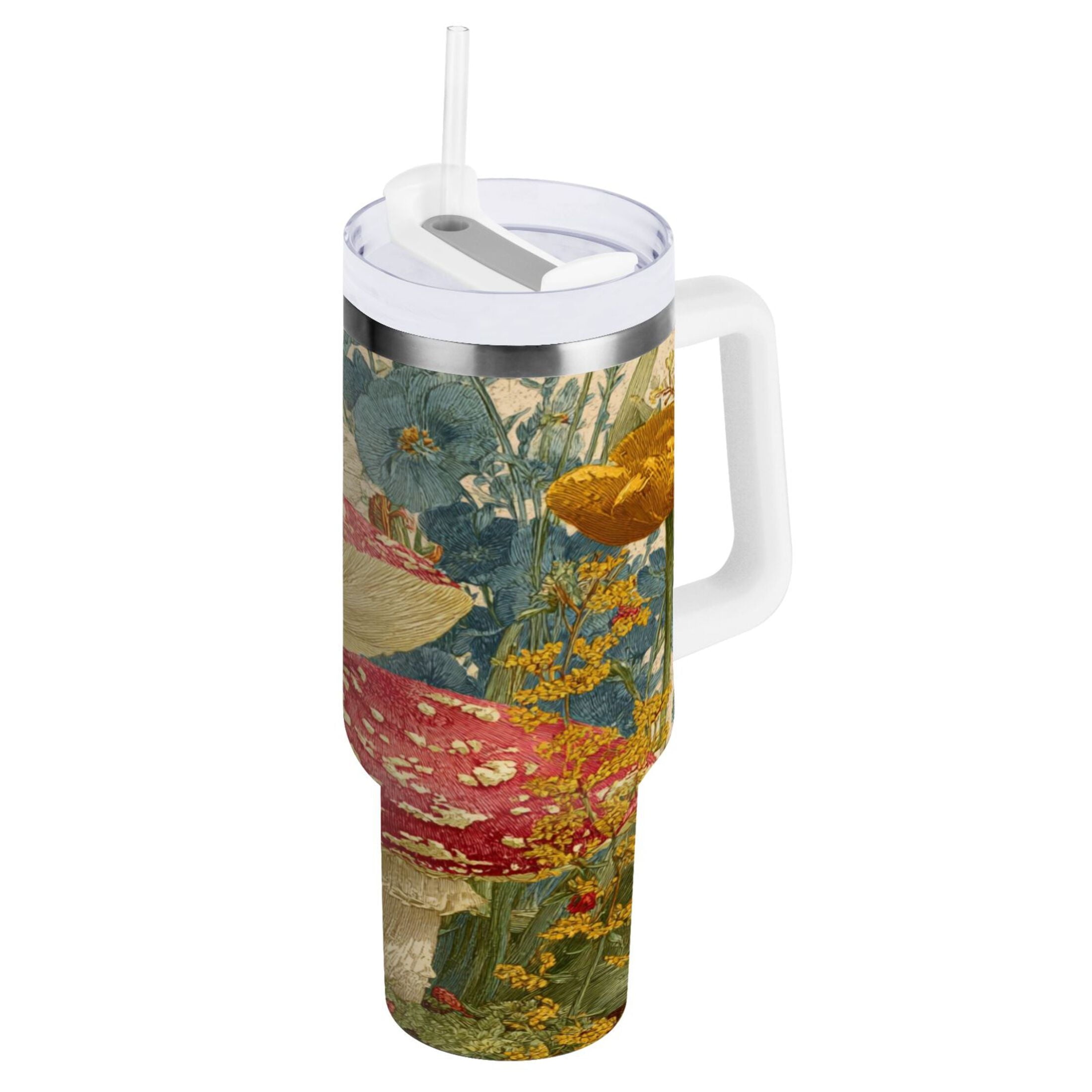 30 oz Insulated Stainless Steel Tumbler Double Wall Stainless Steel Tumbler with 2-Way Drinking Red Mushrooms with Flowers GZKD