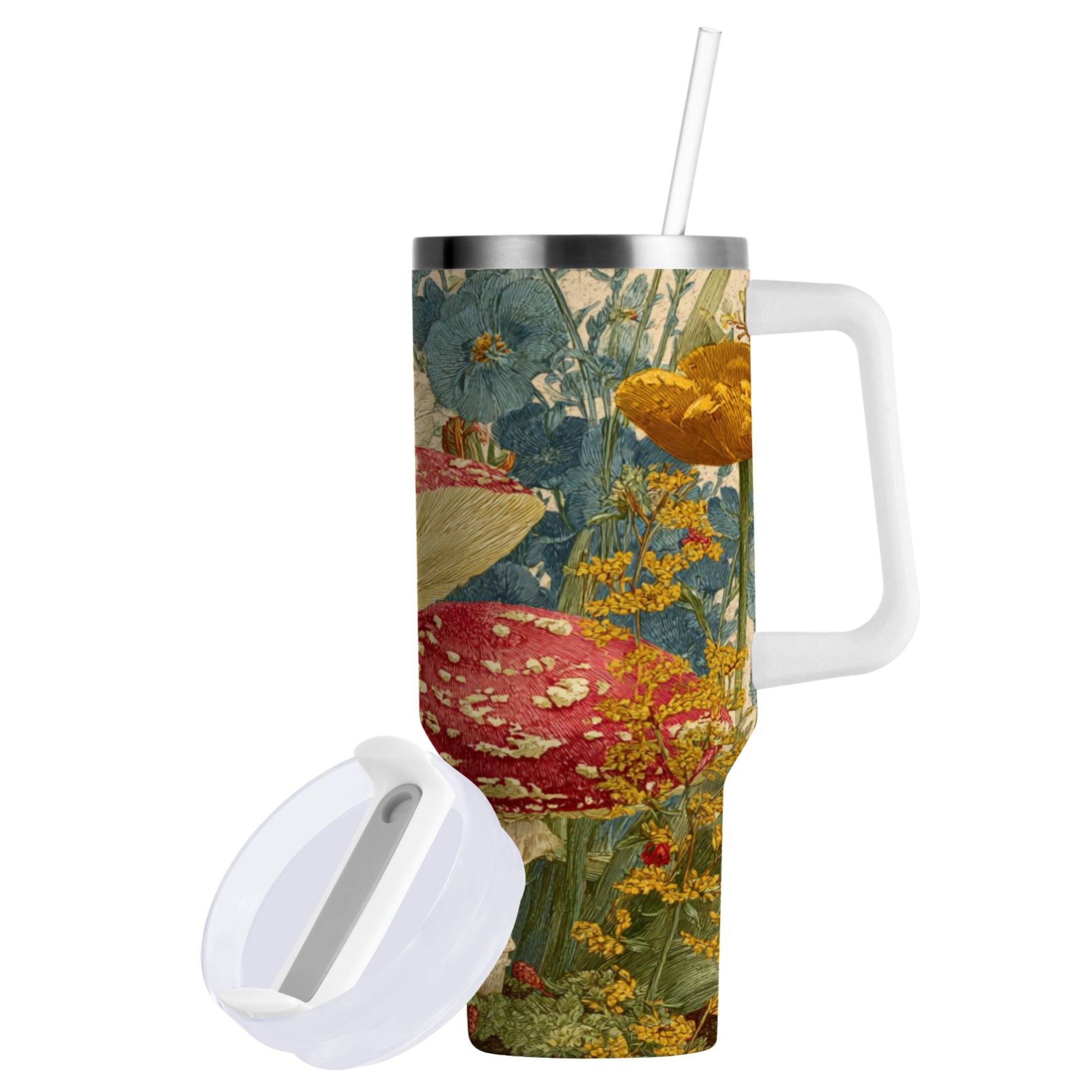 30 oz Insulated Stainless Steel Tumbler Double Wall Stainless Steel Tumbler with 2-Way Drinking Red Mushrooms with Flowers GZKD