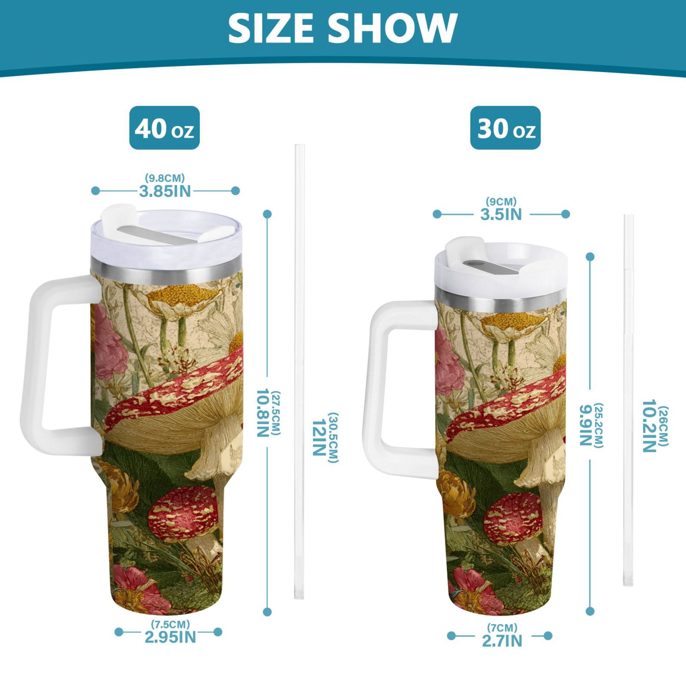 30 oz Insulated Stainless Steel Tumbler Double Wall Stainless Steel Tumbler with 2-Way Drinking Red Mushrooms with Flowers GZKD