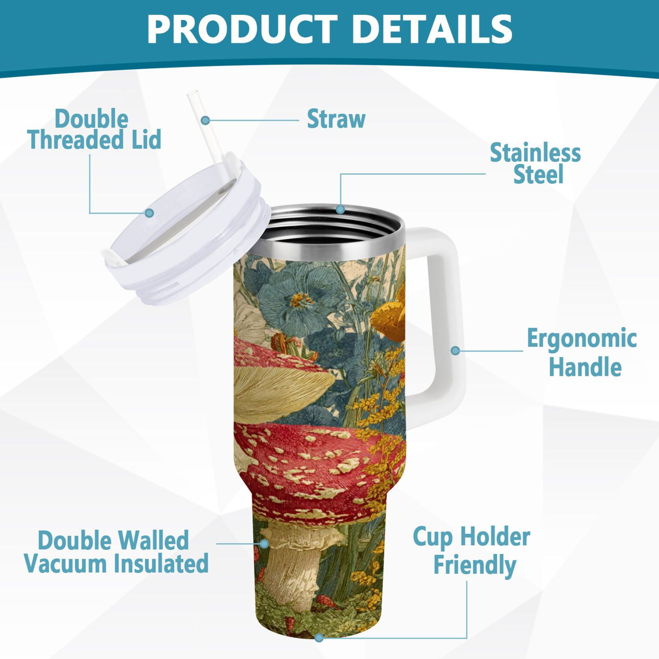 30 oz Insulated Stainless Steel Tumbler Double Wall Stainless Steel Tumbler with 2-Way Drinking Red Mushrooms with Flowers GZKD