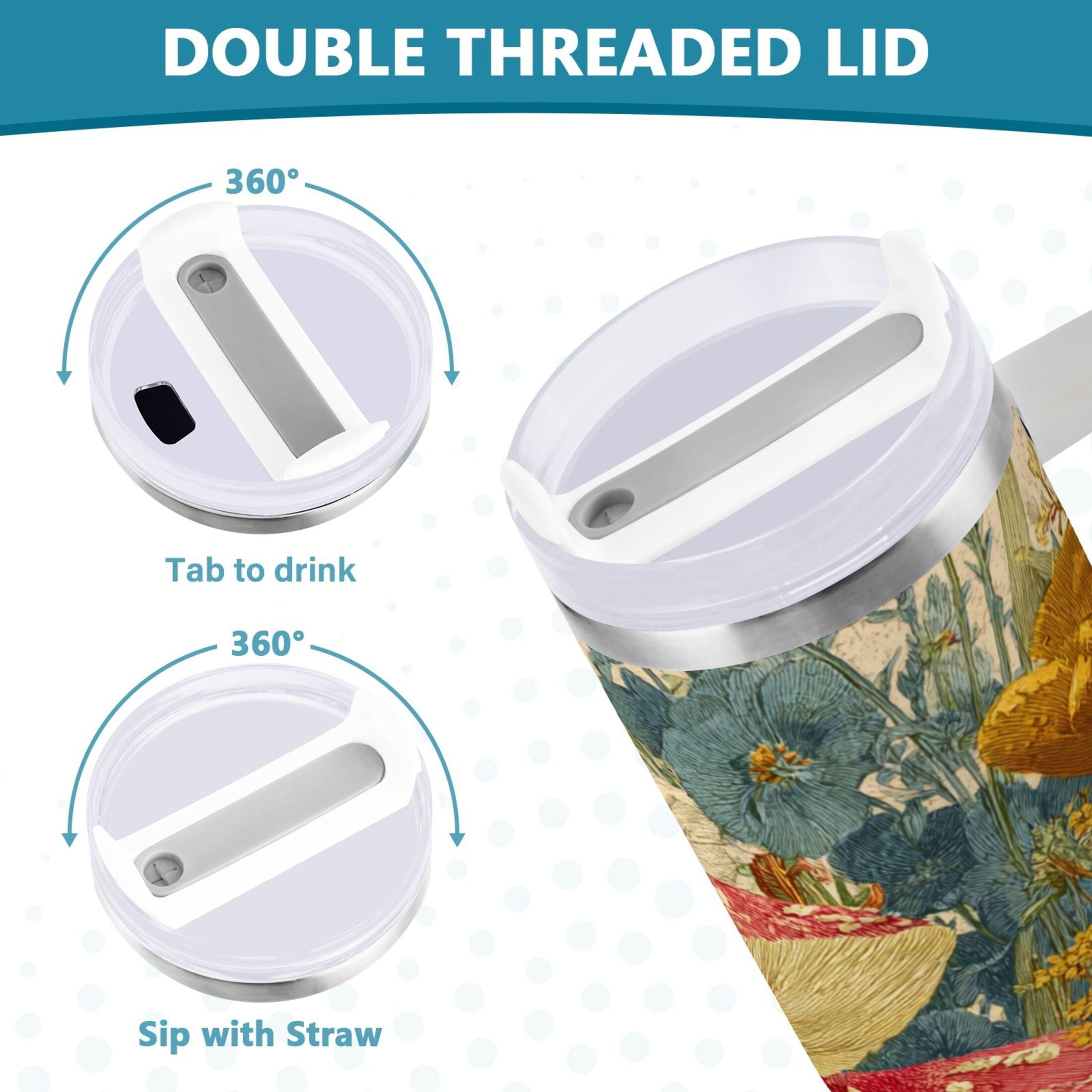 30 oz Insulated Stainless Steel Tumbler Double Wall Stainless Steel Tumbler with 2-Way Drinking Red Mushrooms with Flowers GZKD