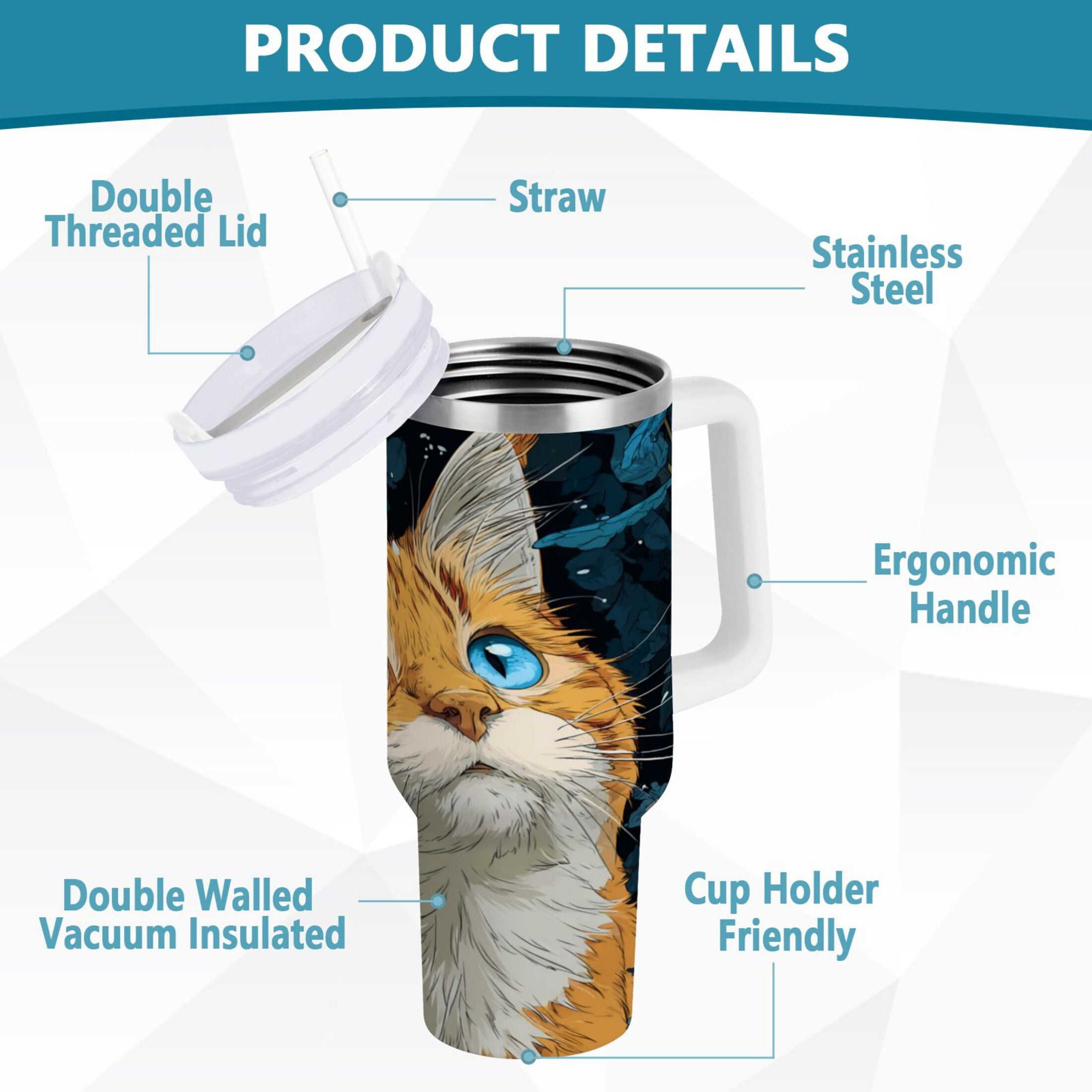 30 oz Insulated Stainless Steel Tumbler Double Wall Stainless Steel Tumbler with 2-Way Drinking Orange Cat with Blue Eyes 0GEV