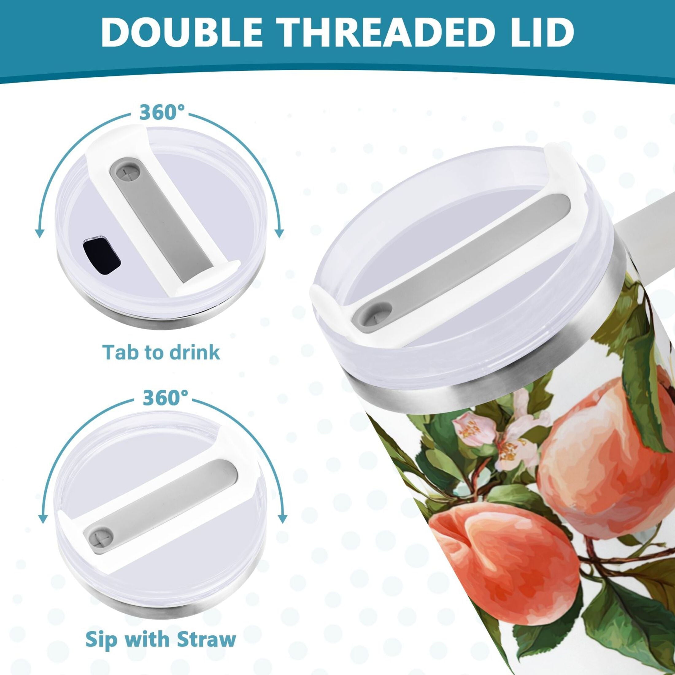 30 oz Insulated Stainless Steel Tumbler Double Wall Stainless Steel Tumbler with 2-Way Drinking Peach Fruit Pattern A2LP