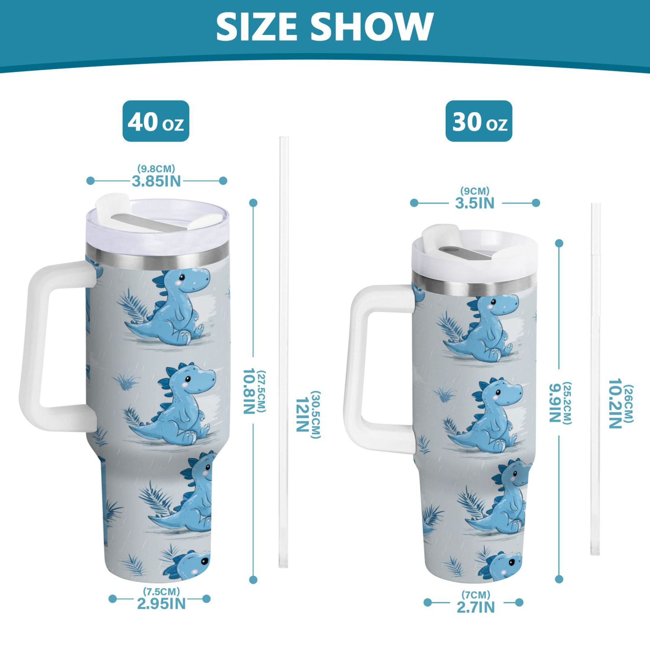 30 oz Insulated Stainless Steel Tumbler Double Wall Stainless Steel Tumbler with 2-Way Drinking Cartoon Blue Dinosaurs GUUO