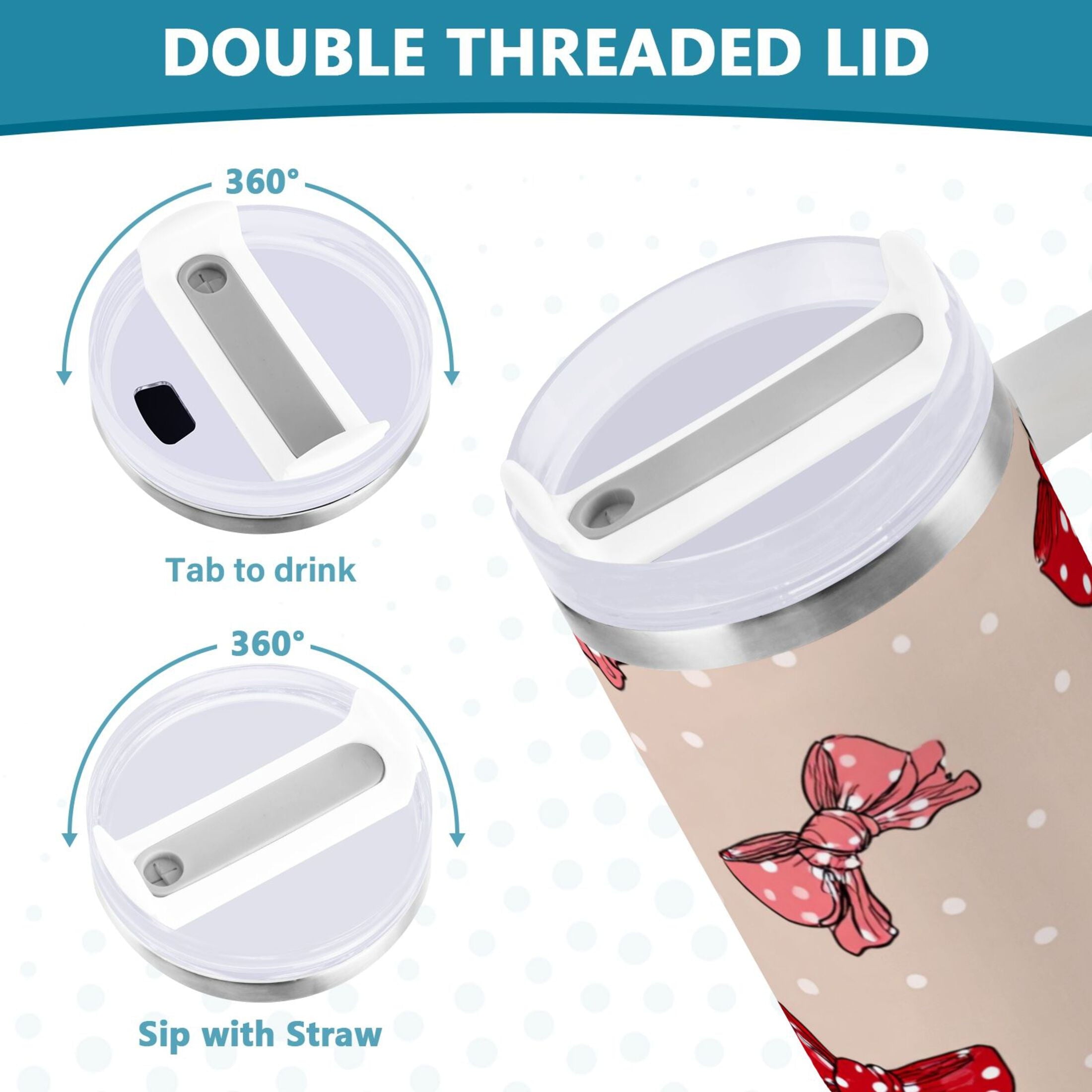 30 oz Insulated Stainless Steel Tumbler Double Wall Stainless Steel Tumbler with 2-Way Drinking Cute Red Bows Pattern U3TM