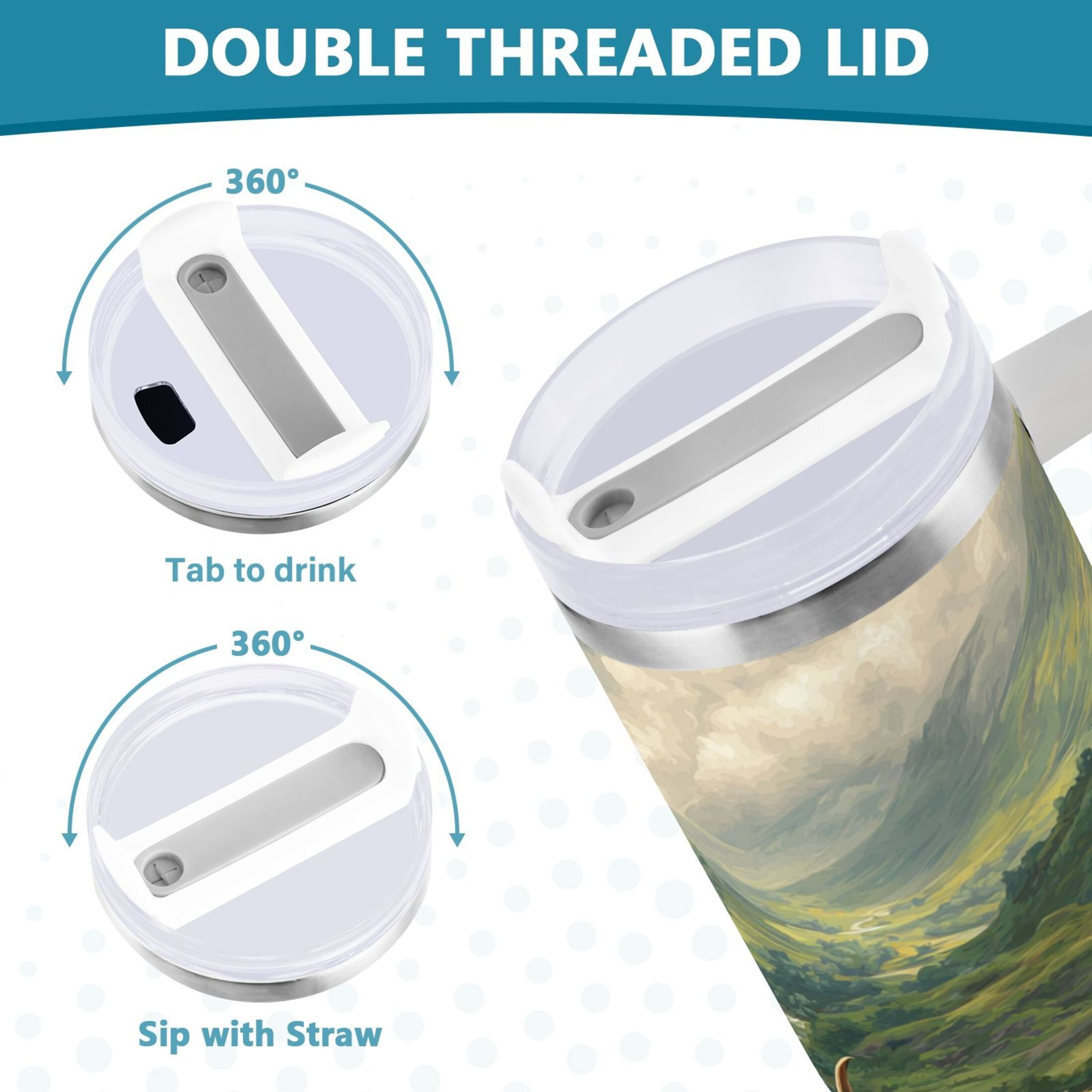 30 oz Insulated Stainless Steel Tumbler Double Wall Stainless Steel Tumbler with 2-Way Drinking Cow in Green Rolling Hills GH8P