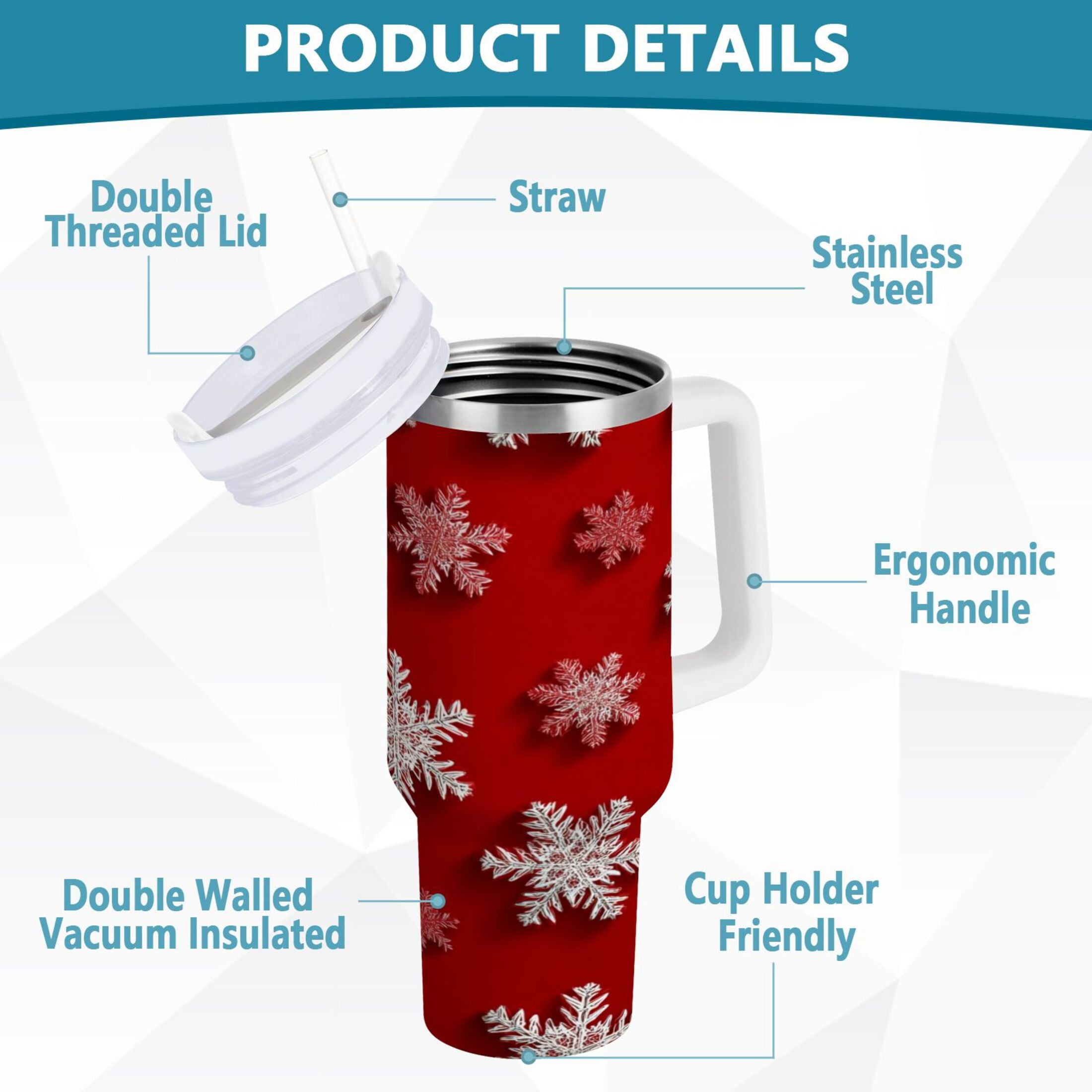 30 oz Insulated Stainless Steel Tumbler Double Wall Stainless Steel Tumbler with 2-Way Drinking Red and White Snowflakes RJUJ