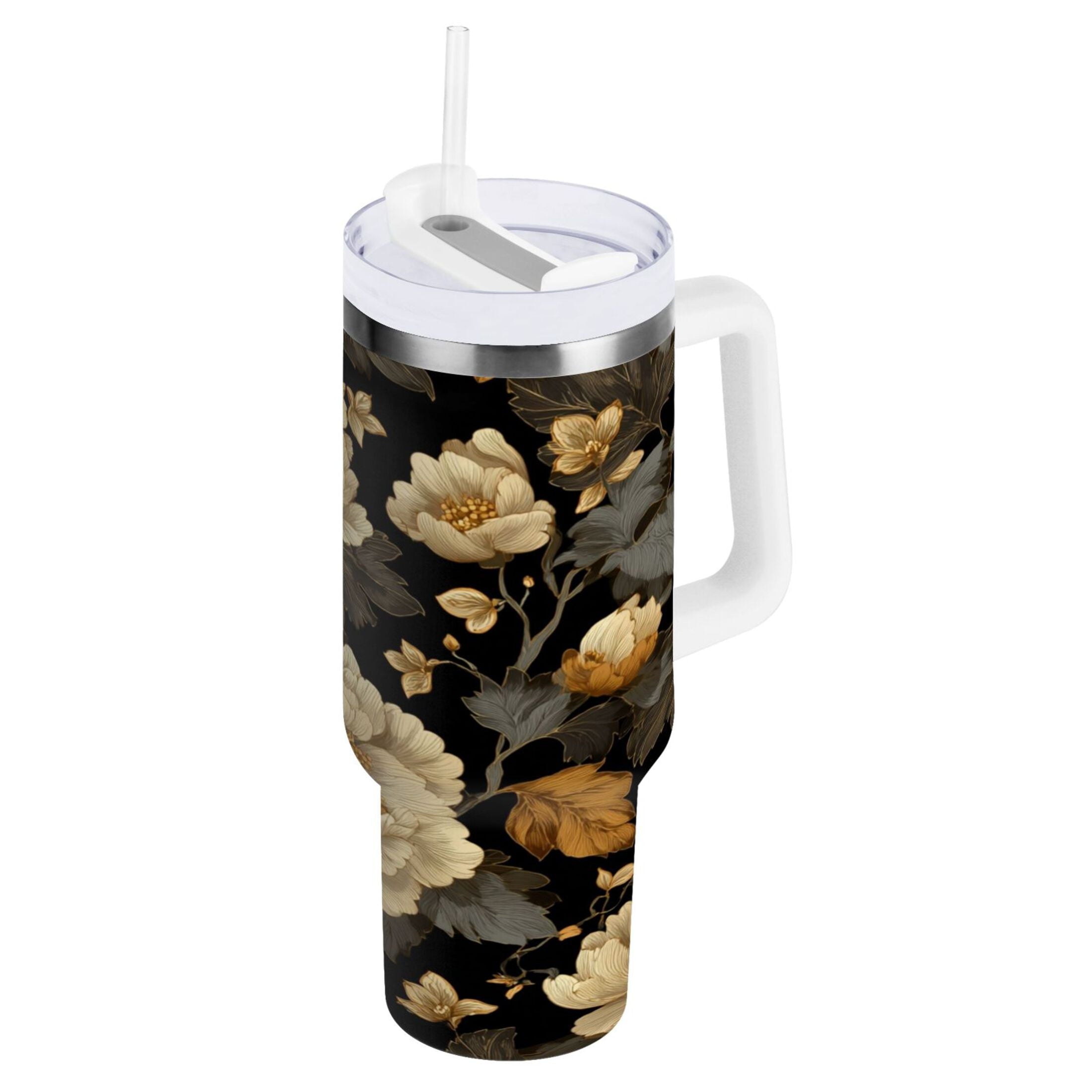 30 oz Insulated Stainless Steel Tumbler Double Wall Stainless Steel Tumbler with 2-Way Drinking Elegant Beige Floral QJOL