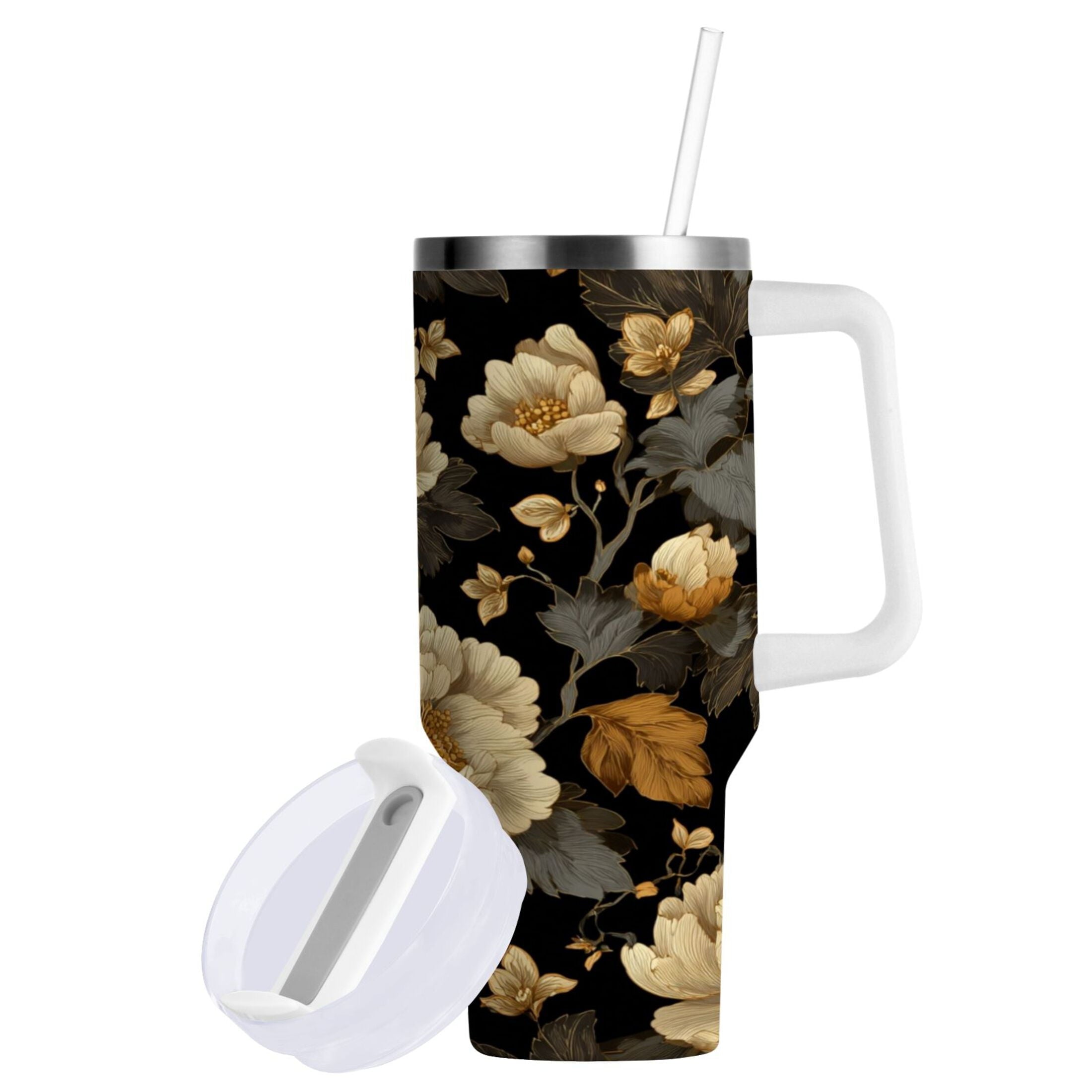 30 oz Insulated Stainless Steel Tumbler Double Wall Stainless Steel Tumbler with 2-Way Drinking Elegant Beige Floral QJOL