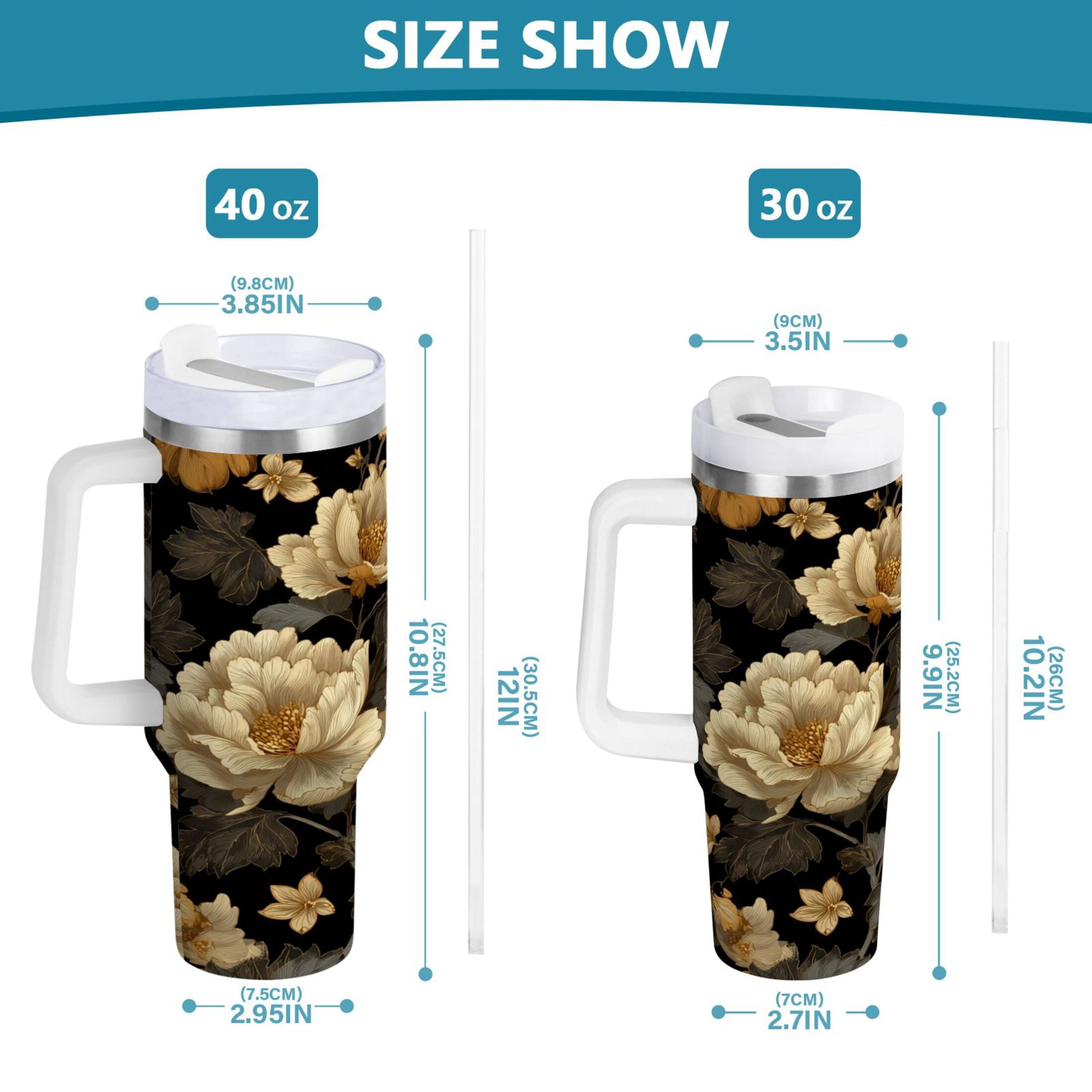 30 oz Insulated Stainless Steel Tumbler Double Wall Stainless Steel Tumbler with 2-Way Drinking Elegant Beige Floral QJOL