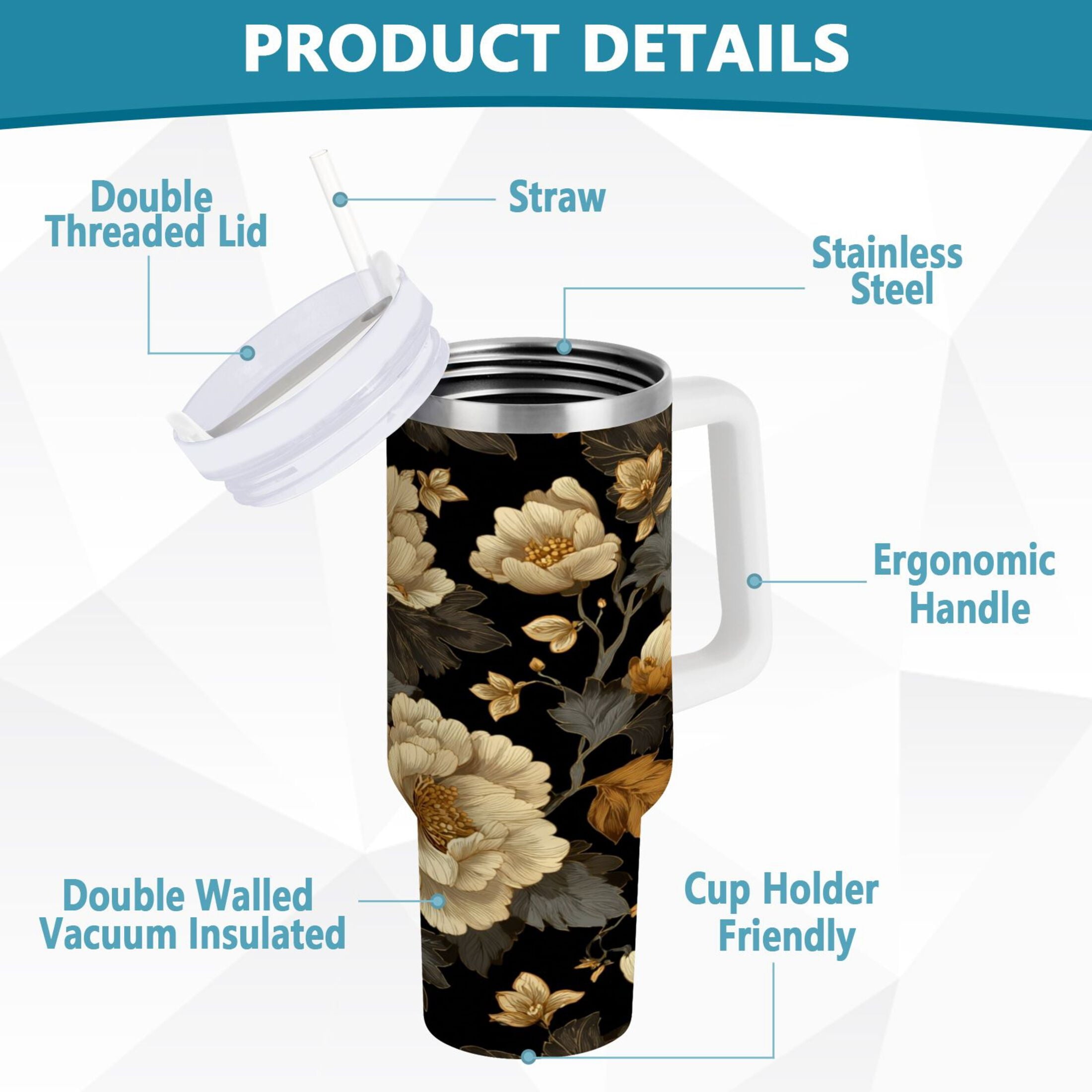 30 oz Insulated Stainless Steel Tumbler Double Wall Stainless Steel Tumbler with 2-Way Drinking Elegant Beige Floral QJOL