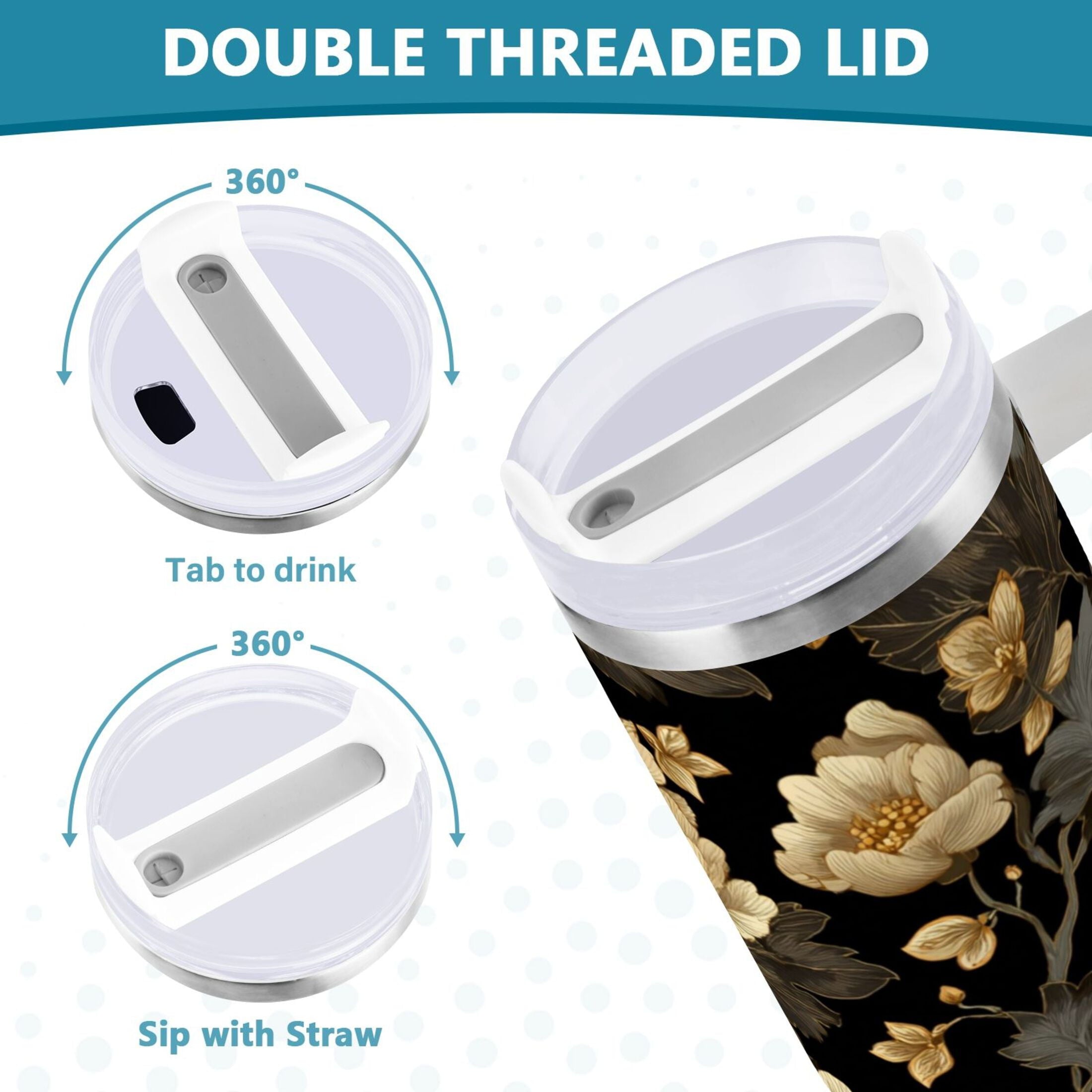 30 oz Insulated Stainless Steel Tumbler Double Wall Stainless Steel Tumbler with 2-Way Drinking Elegant Beige Floral QJOL
