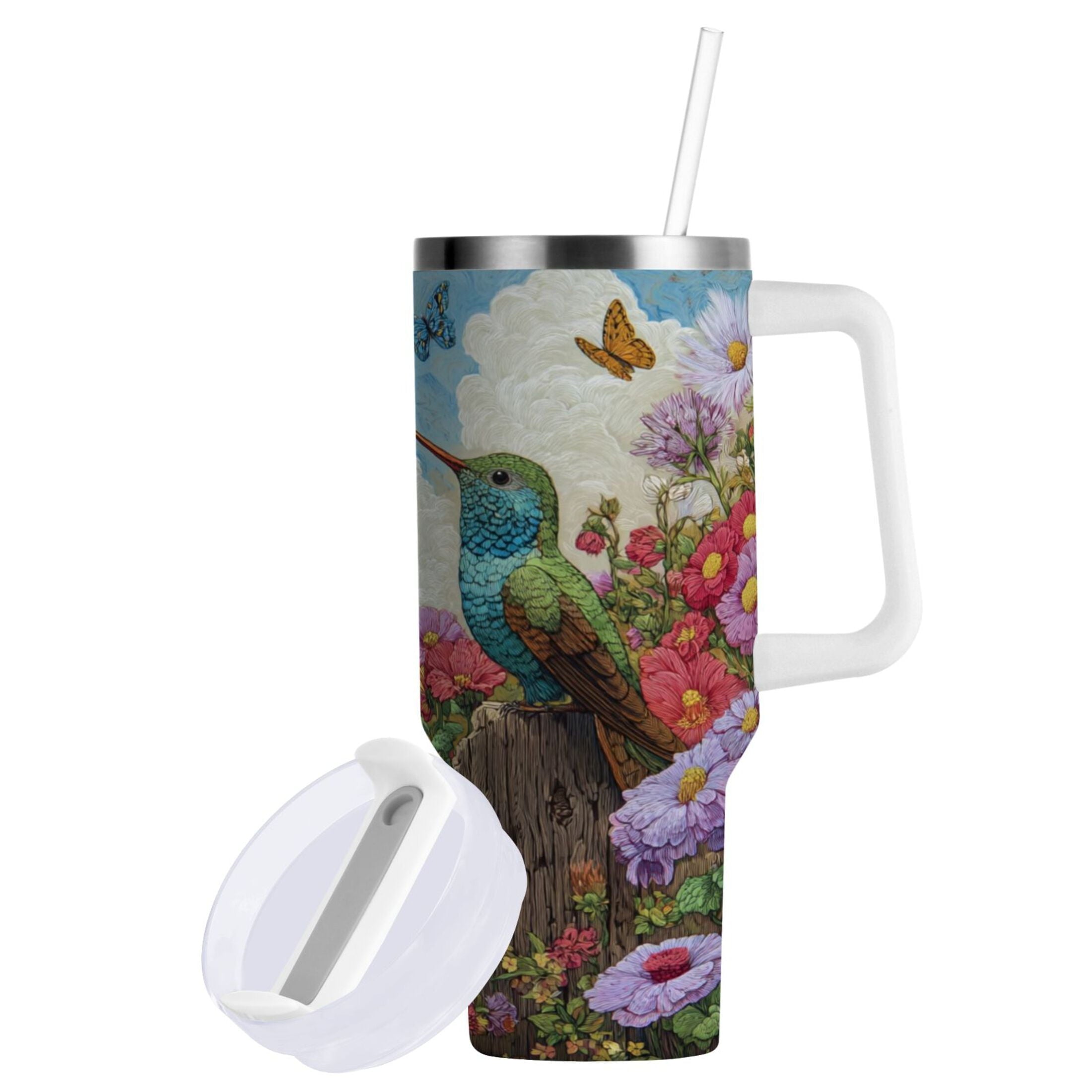 30 oz Insulated Stainless Steel Tumbler Double Wall Stainless Steel Tumbler with 2-Way Drinking Hummingbirds and Flowers VL7C