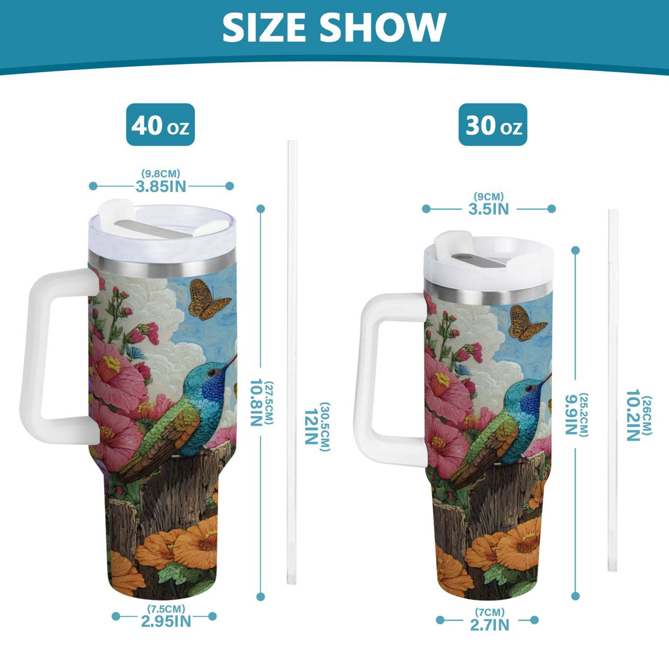 30 oz Insulated Stainless Steel Tumbler Double Wall Stainless Steel Tumbler with 2-Way Drinking Hummingbirds and Flowers VL7C