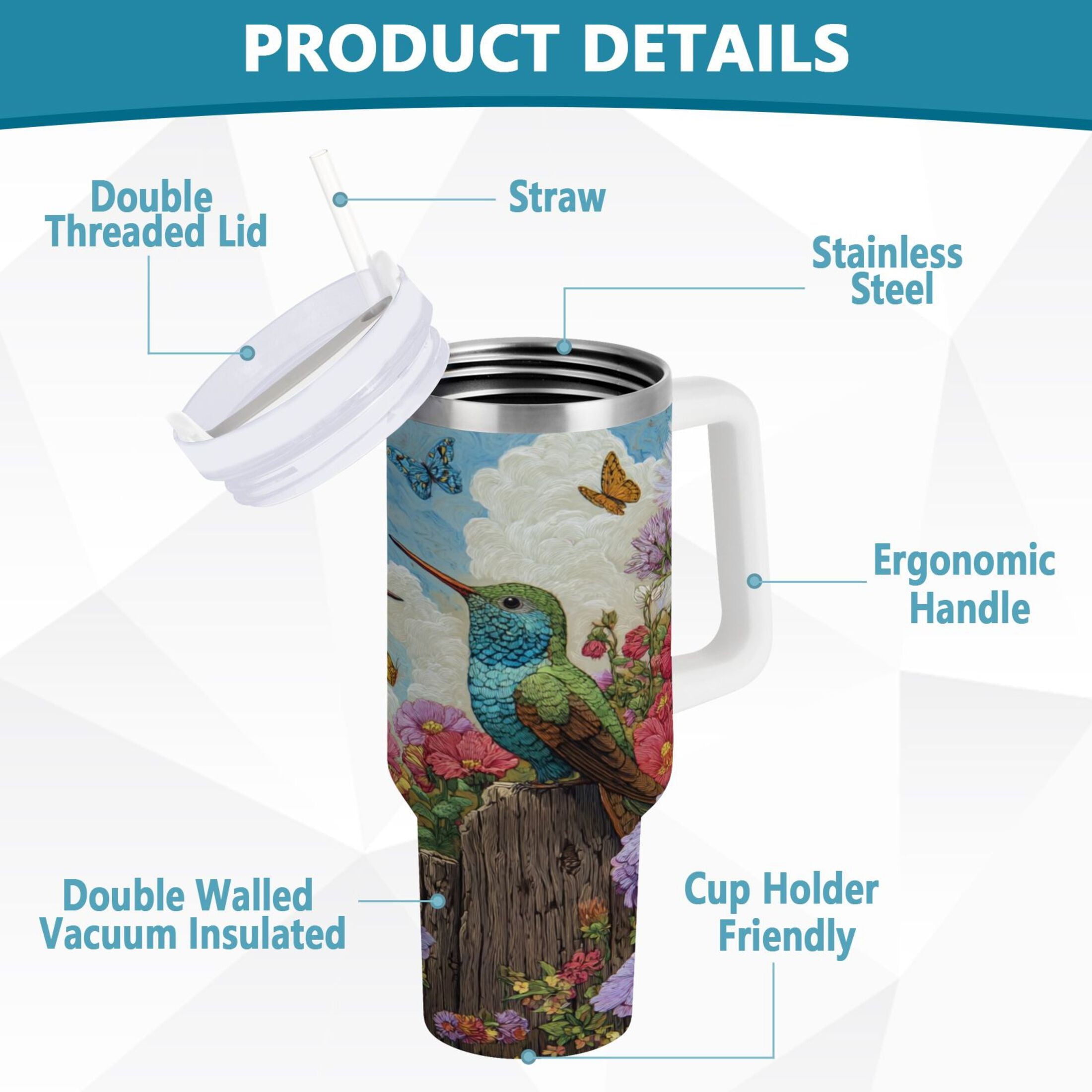 30 oz Insulated Stainless Steel Tumbler Double Wall Stainless Steel Tumbler with 2-Way Drinking Hummingbirds and Flowers VL7C