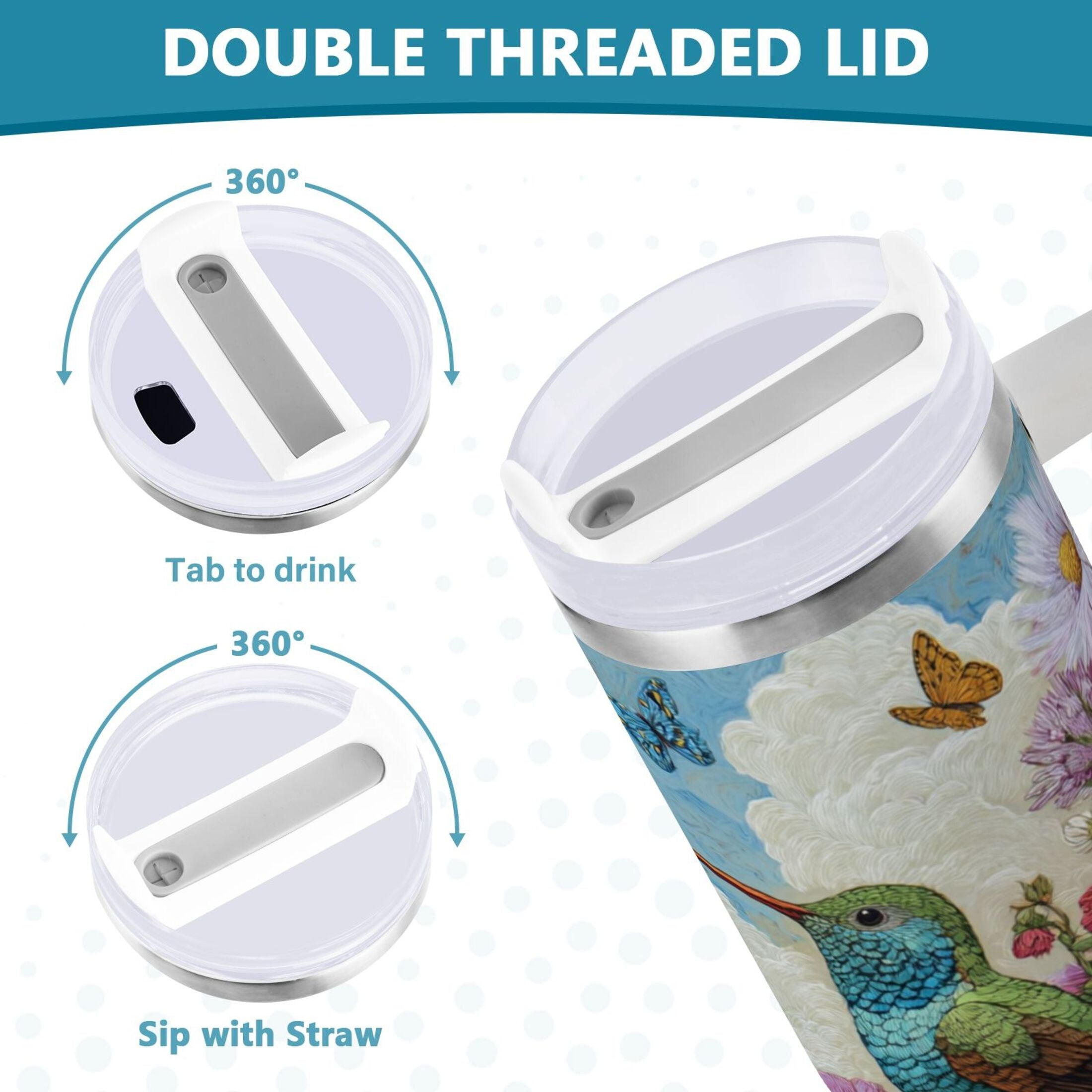30 oz Insulated Stainless Steel Tumbler Double Wall Stainless Steel Tumbler with 2-Way Drinking Hummingbirds and Flowers VL7C