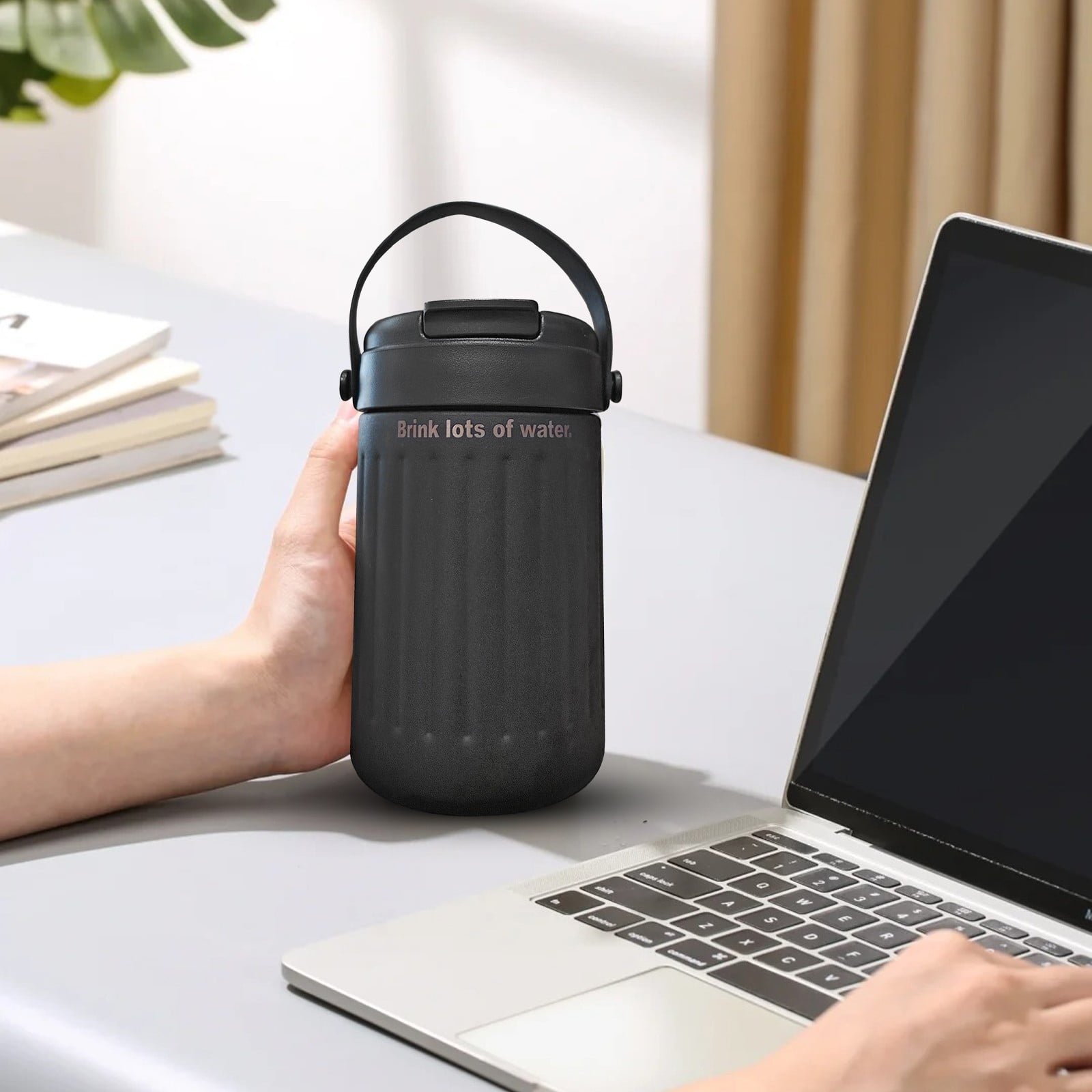 BinKFF Simple Modern Travel Coffee Mug, Insulated Coffee Tumblers with Lid, Double Walled Iced Travel Coffee Mug for Woman and Man Stainless Steel Tumbler with Handle OK9I