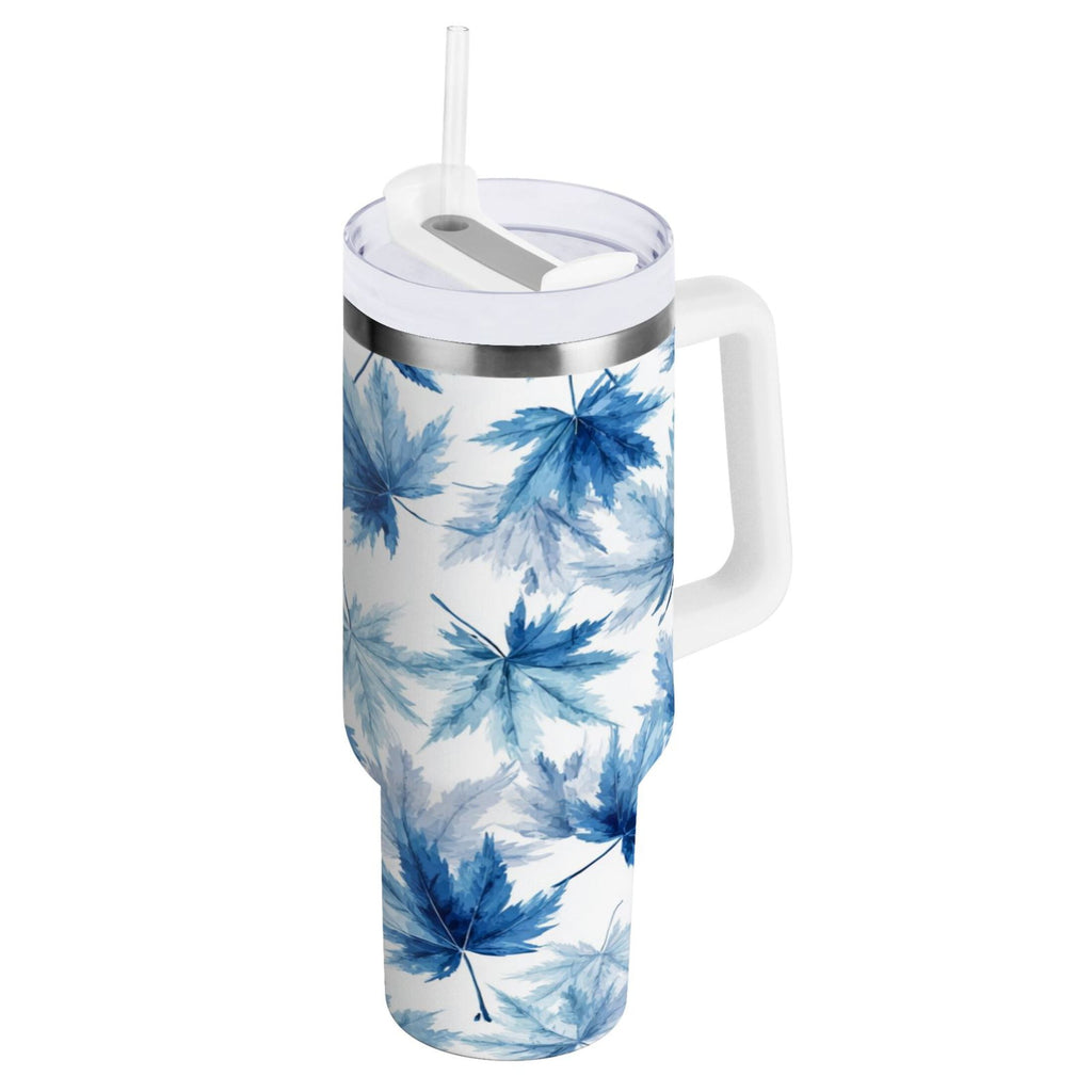 30 oz Insulated Stainless Steel Tumbler Double Wall Stainless Steel Tumbler with 2-Way Drinking Abstract Blue Maple Leaves 95MR