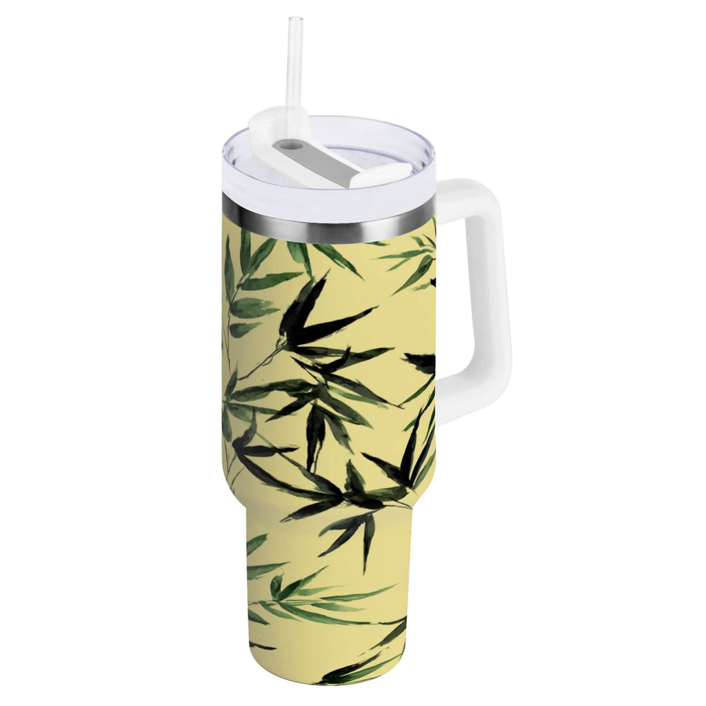 30 oz Insulated Stainless Steel Tumbler Double Wall Stainless Steel Tumbler with 2-Way Drinking Bamboo and Green Leaves 2EPZ