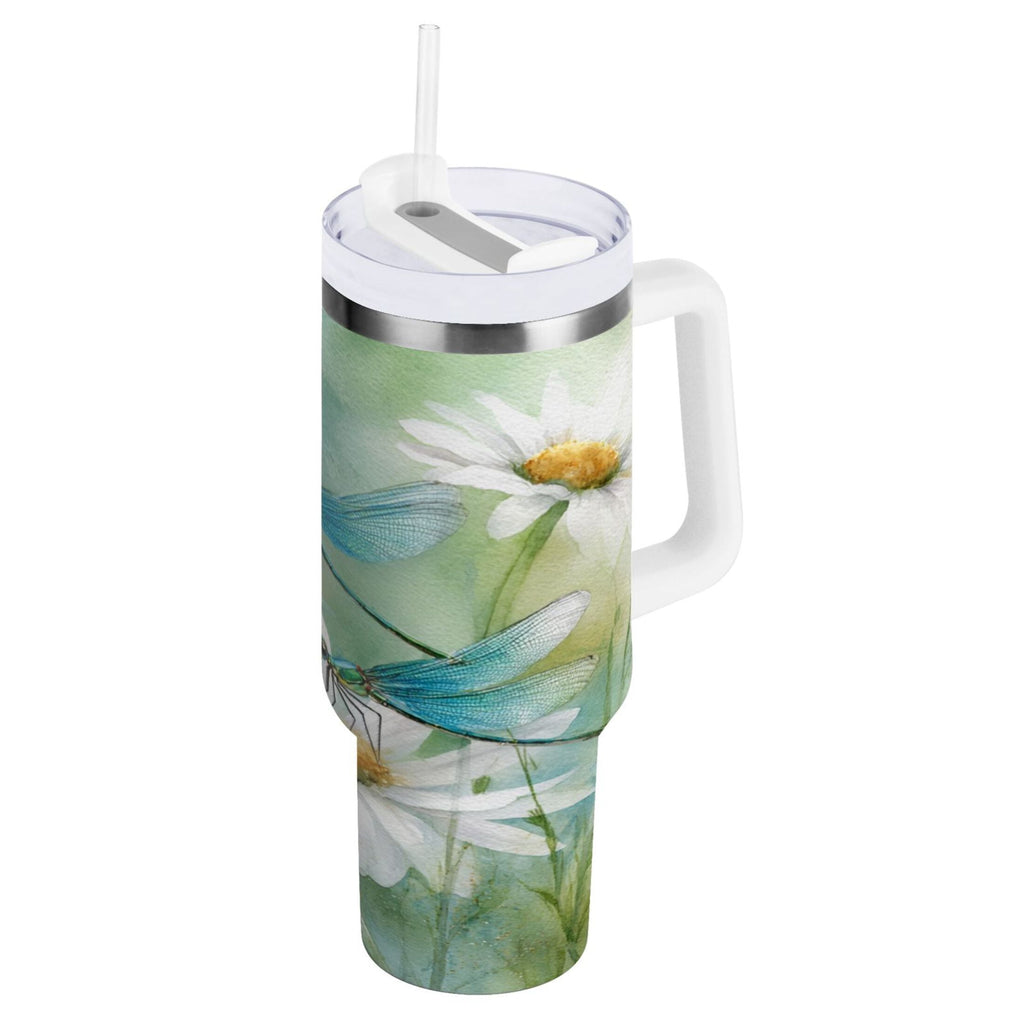 30 oz Insulated Stainless Steel Tumbler Double Wall Stainless Steel Tumbler with 2-Way Drinking Beautiful Dragonflies and Daisies SXTZ