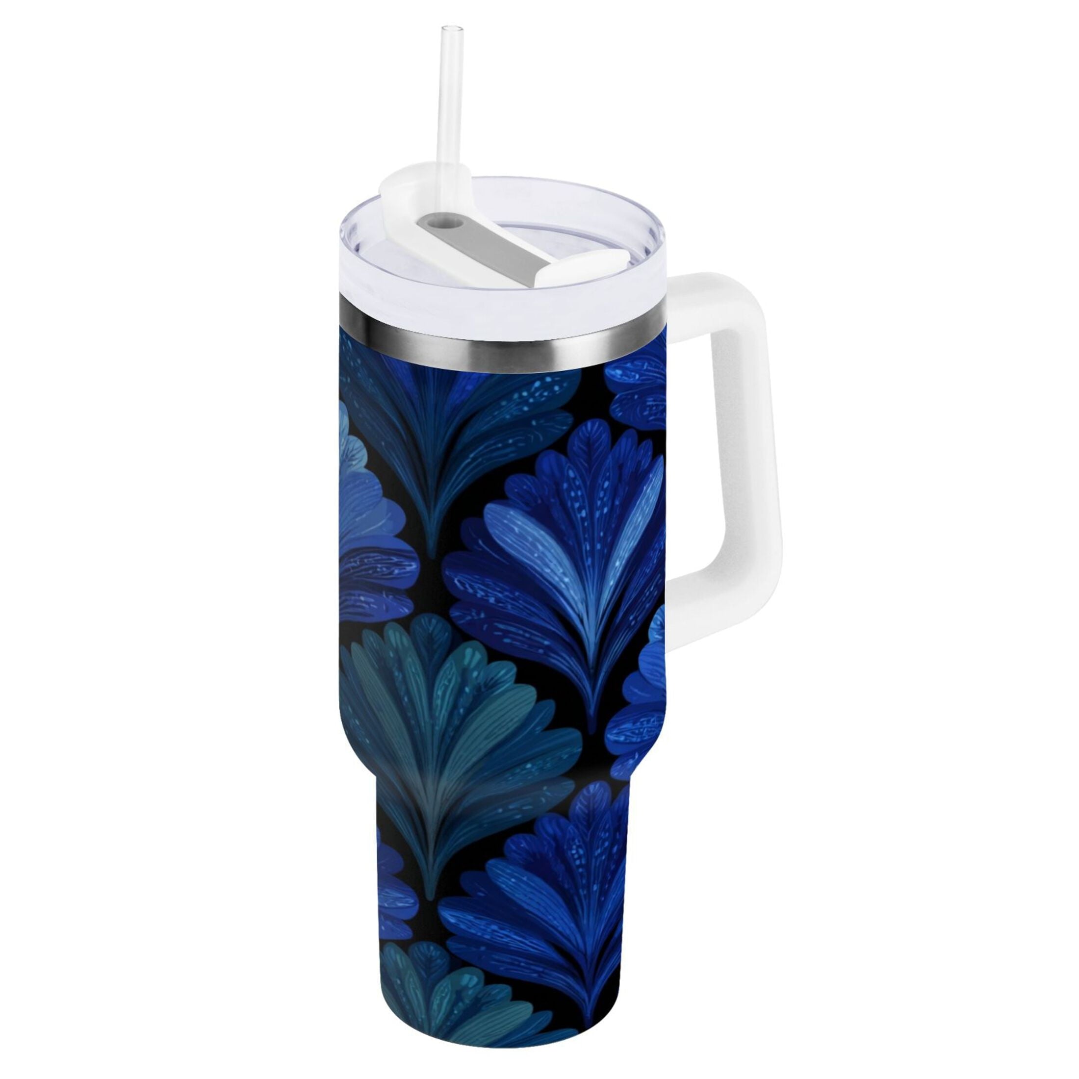 30 oz Insulated Stainless Steel Tumbler Double Wall Stainless Steel Tumbler with 2-Way Drinking Blue Batik Leaves Pattern 16PB