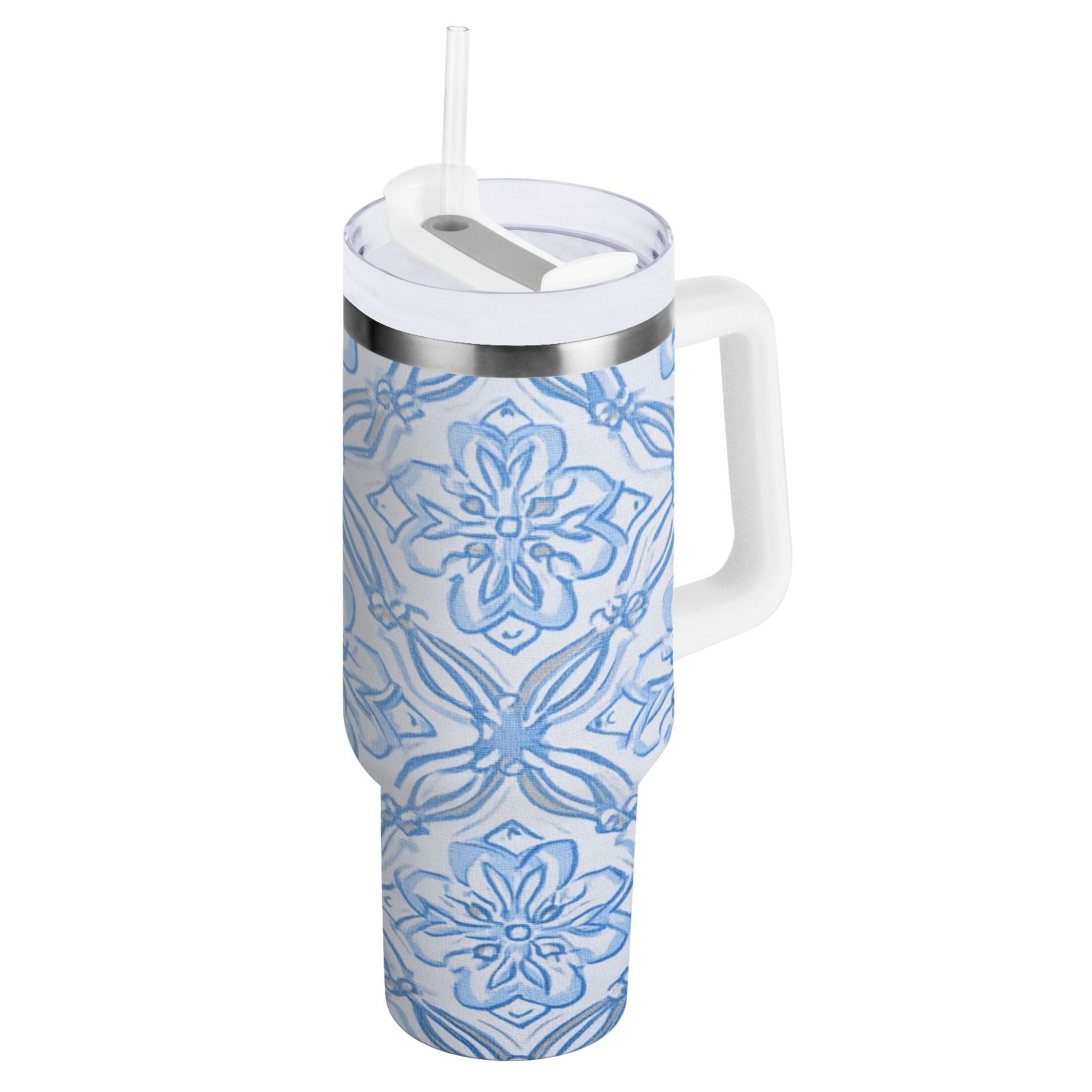 30 oz Insulated Stainless Steel Tumbler Double Wall Stainless Steel Tumbler with 2-Way Drinking Blue Elegant Geometric Design EL0S