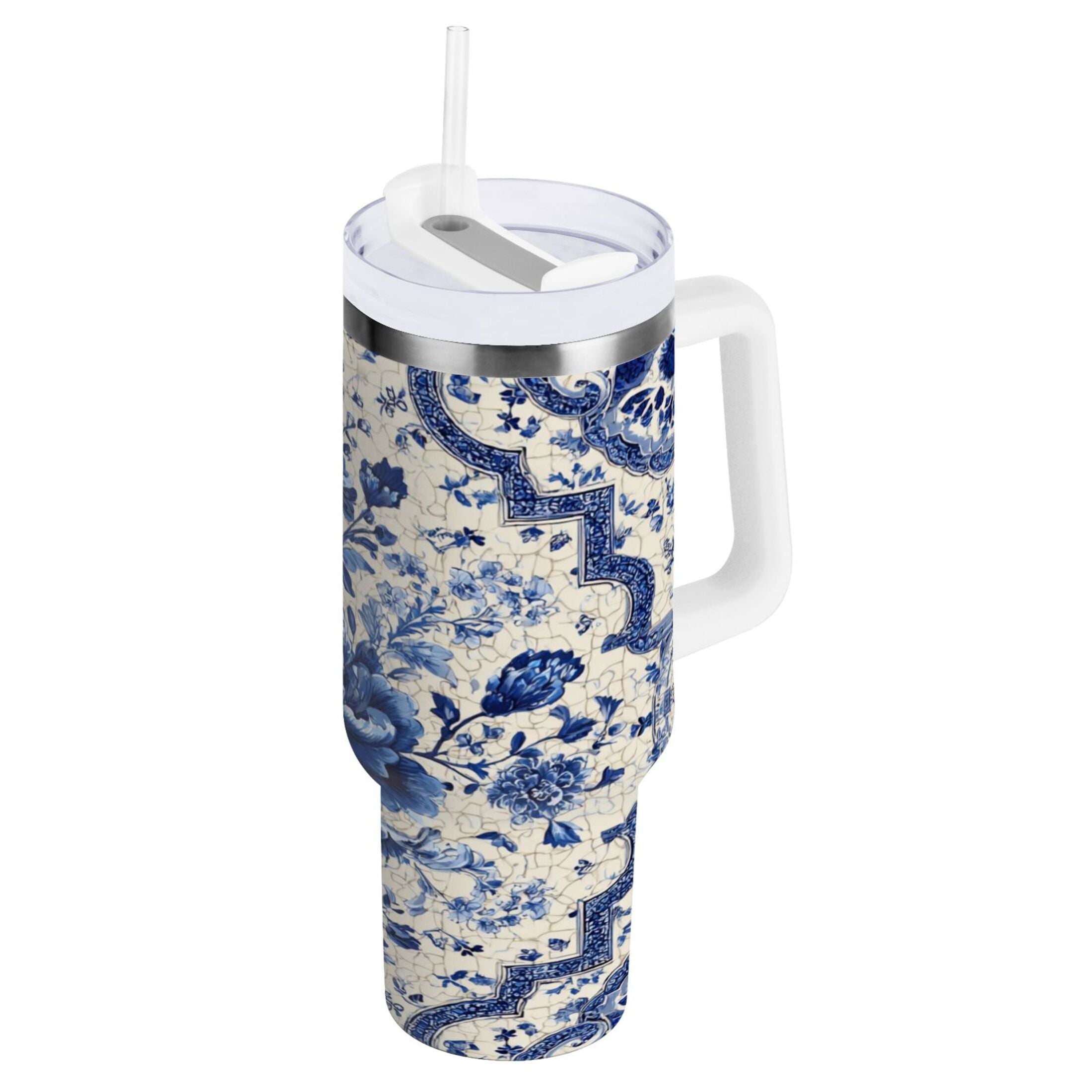 30 oz Insulated Stainless Steel Tumbler Double Wall Stainless Steel Tumbler with 2-Way Drinking Blue and White Porcelain-style FEN4