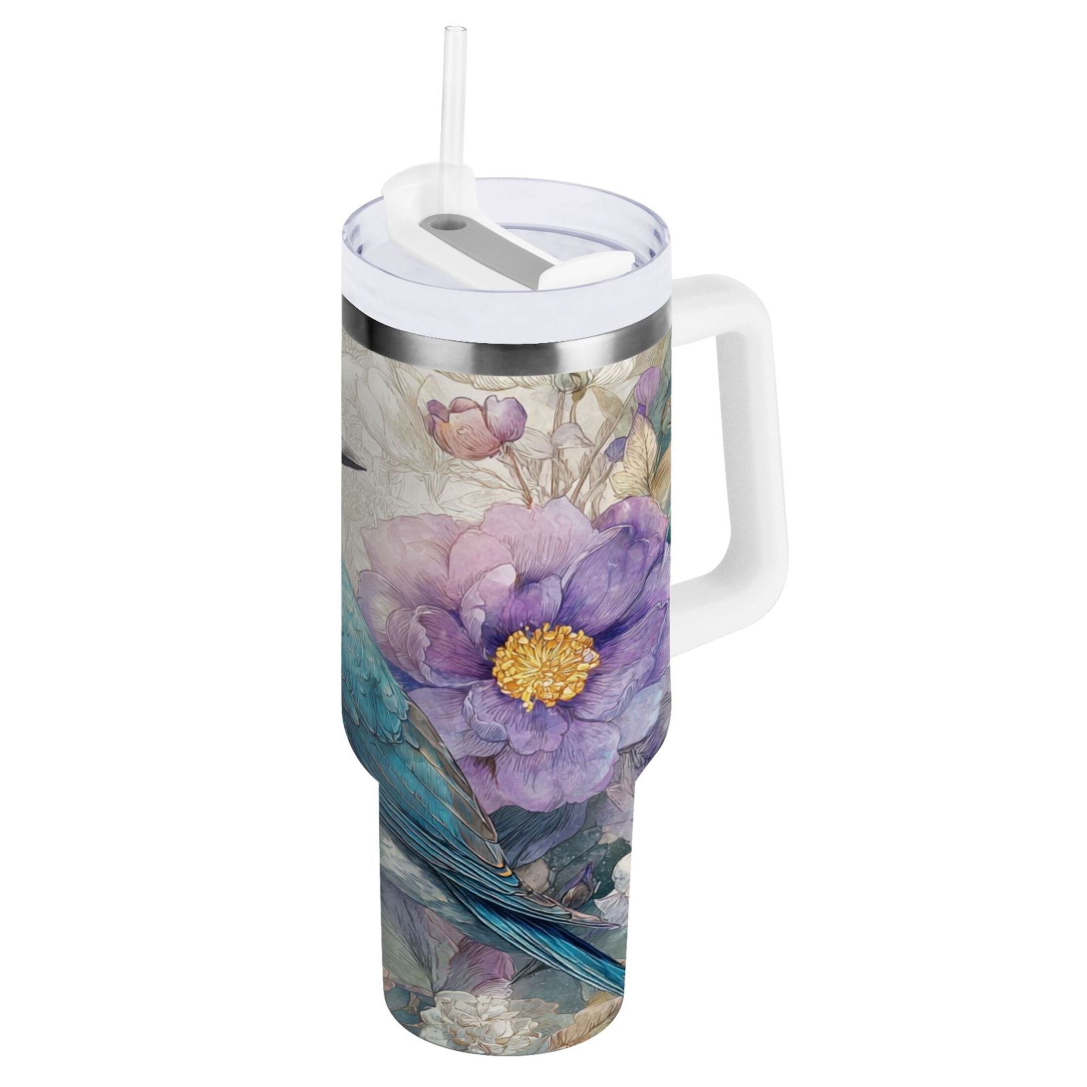 30 oz Insulated Stainless Steel Tumbler Double Wall Stainless Steel Tumbler with 2-Way Drinking Bluebird and Flower 0R2N