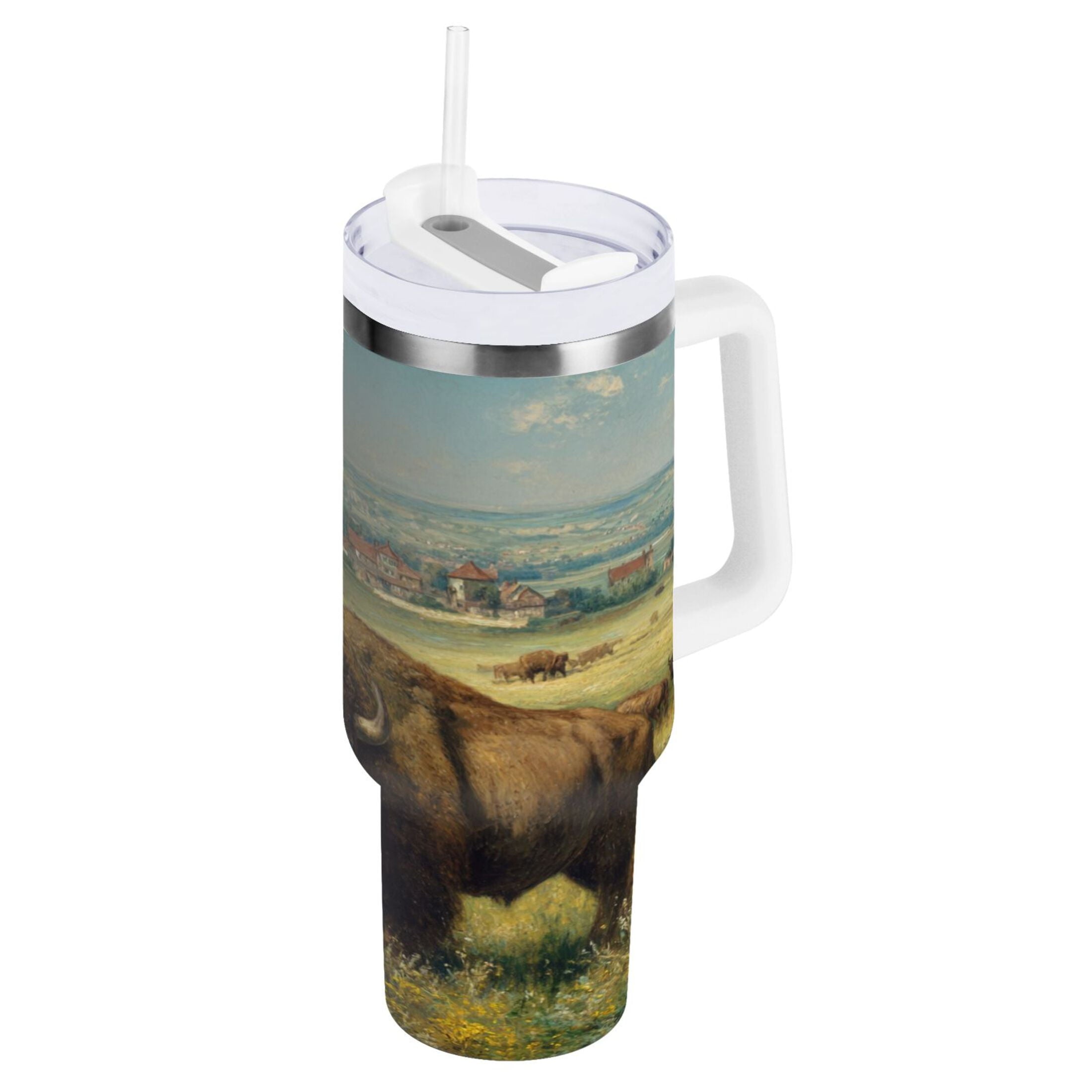 30 oz Insulated Stainless Steel Tumbler Double Wall Stainless Steel Tumbler with 2-Way Drinking Buffalo Herd Oil Painting G1EO
