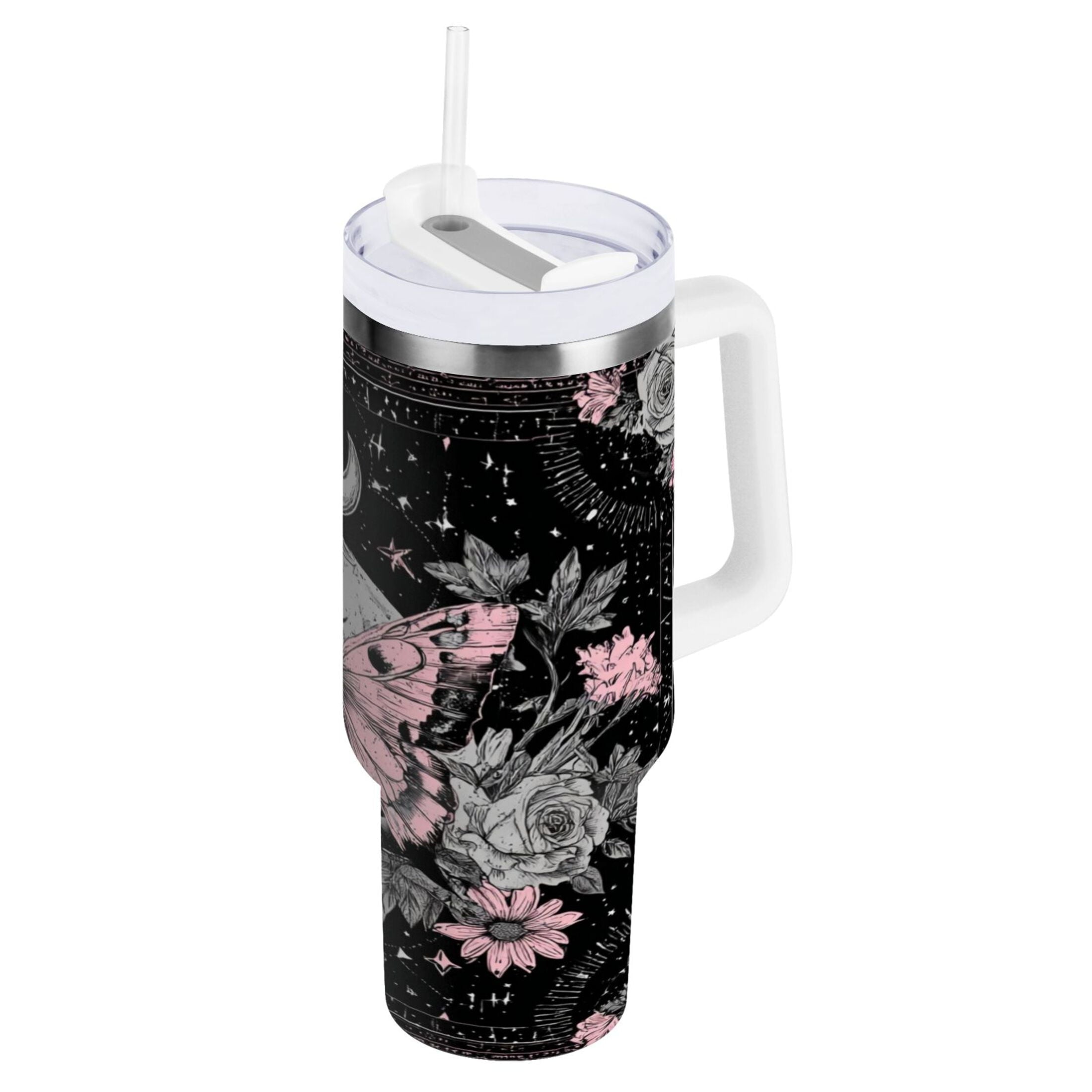 30 oz Insulated Stainless Steel Tumbler Double Wall Stainless Steel Tumbler with 2-Way Drinking Butterfly by Moon and Flowers Y02L