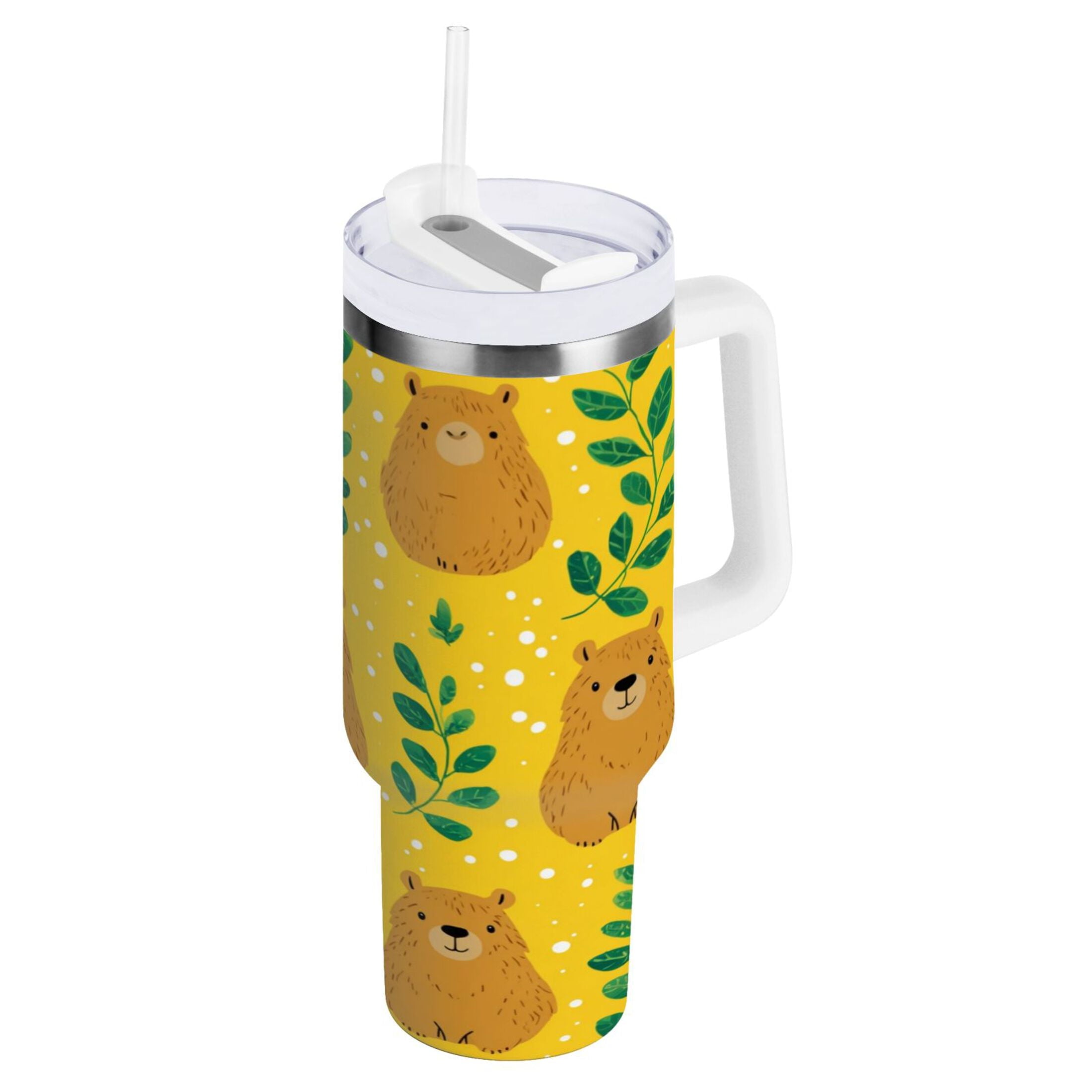30 oz Insulated Stainless Steel Tumbler Double Wall Stainless Steel Tumbler with 2-Way Drinking Capybara and Green Leaves EDKJ