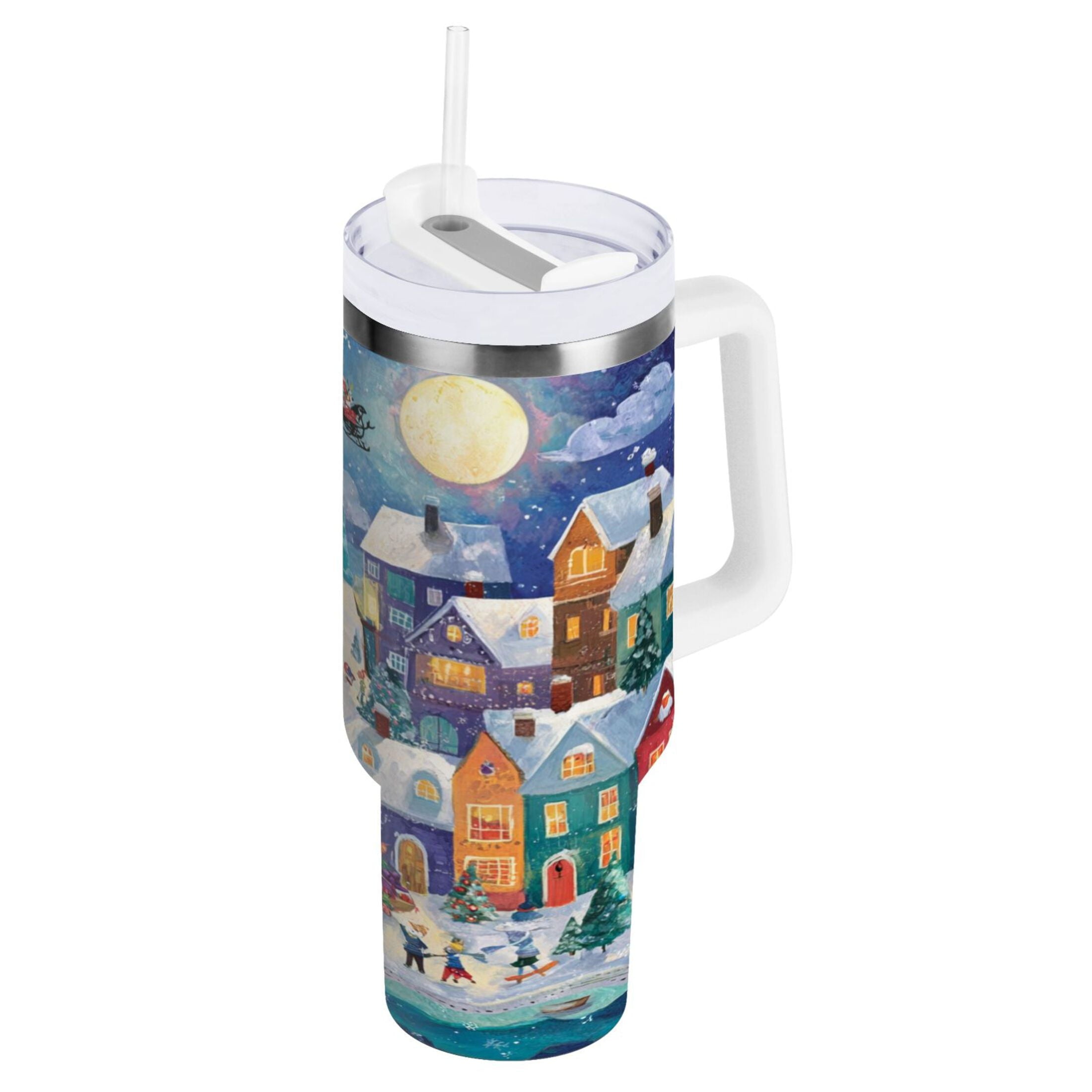 30 oz Insulated Stainless Steel Tumbler Double Wall Stainless Steel Tumbler with 2-Way Drinking Charming Christmas Scene RUU3