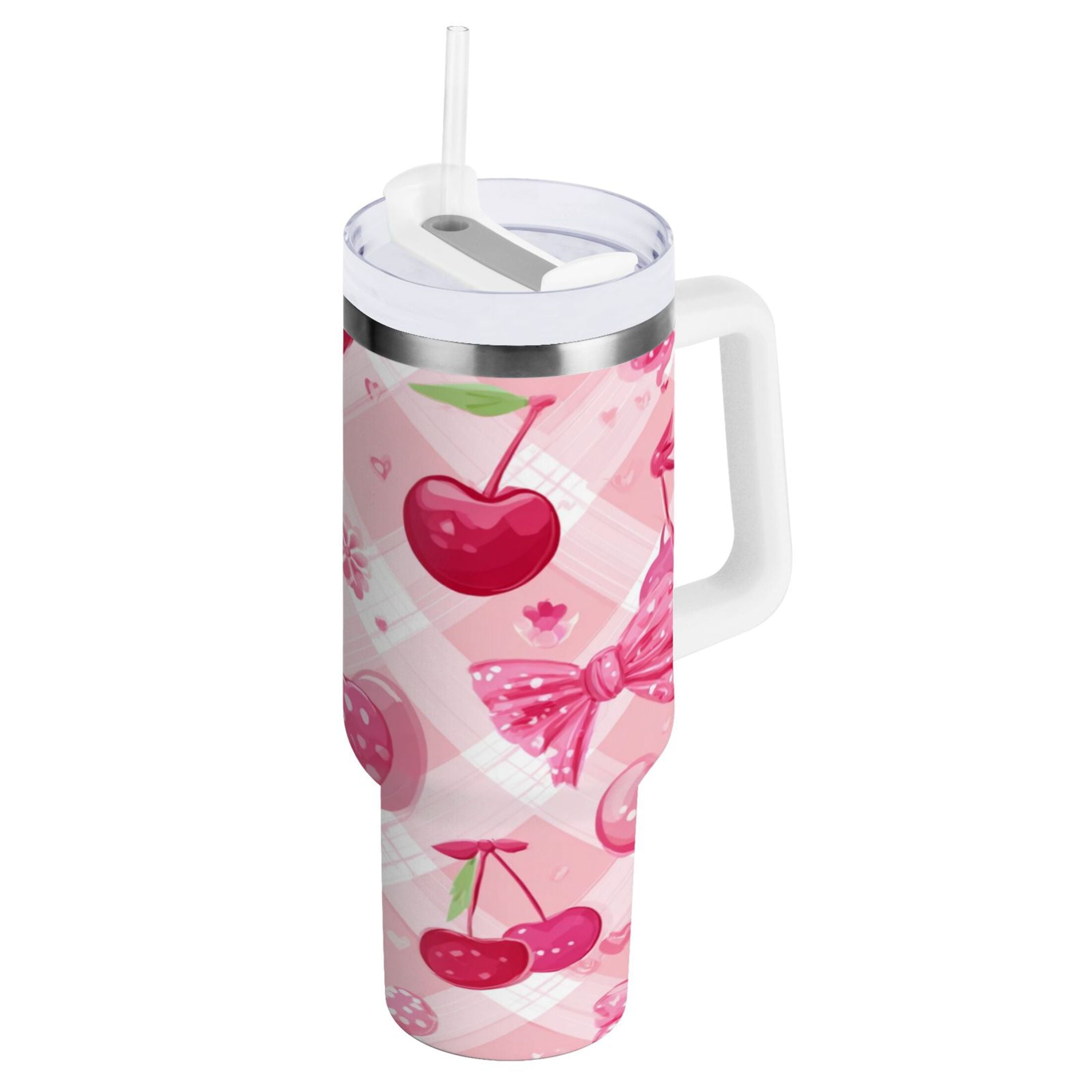 30 oz Insulated Stainless Steel Tumbler Double Wall Stainless Steel Tumbler with 2-Way Drinking Cherry and Pink Bow Pattern 9I0U