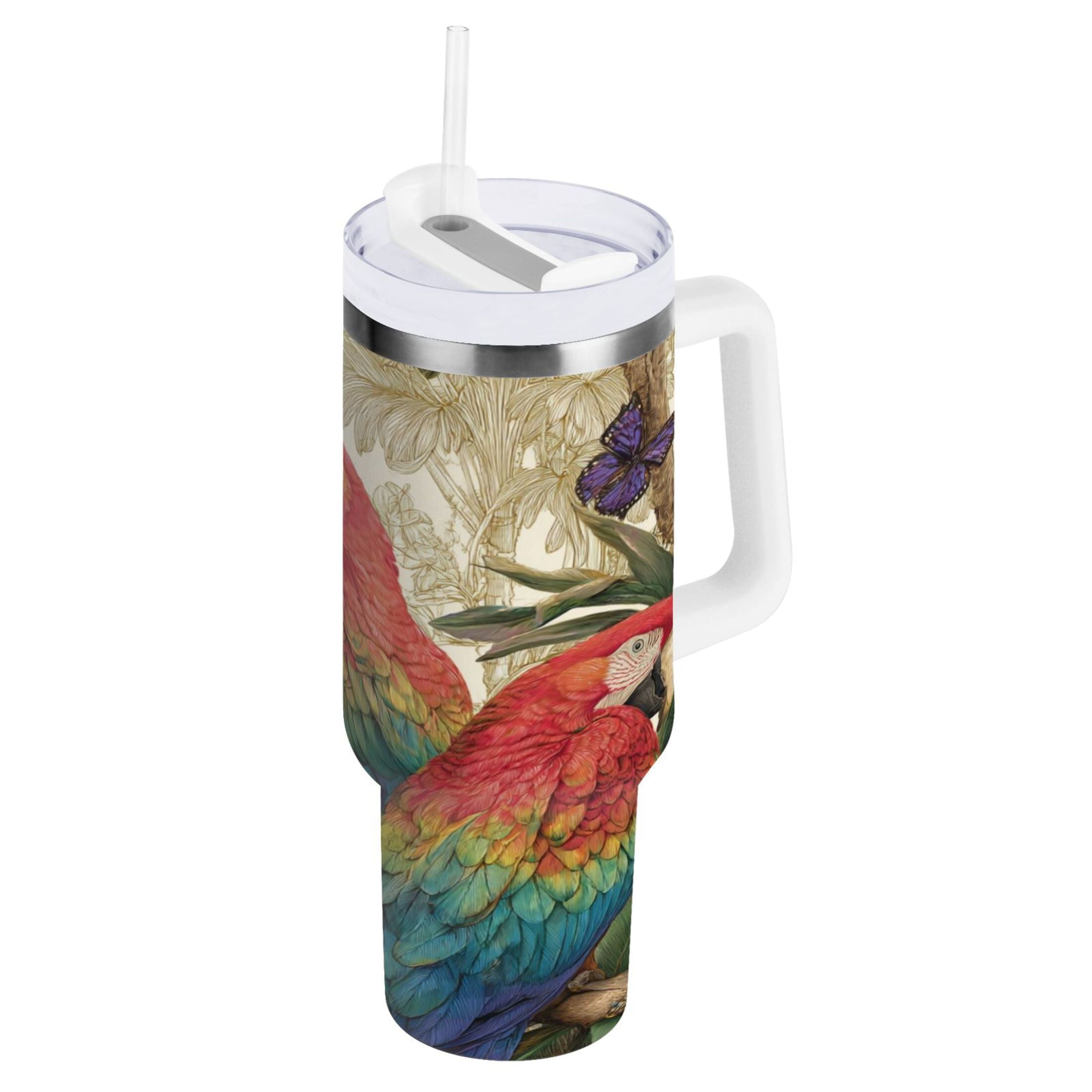 30 oz Insulated Stainless Steel Tumbler Double Wall Stainless Steel Tumbler with 2-Way Drinking Colorful Beautiful Parrots IVHL