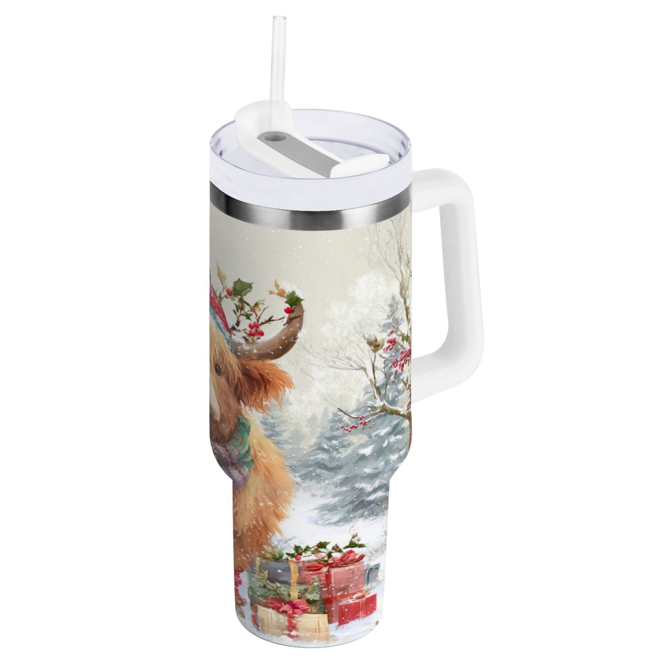 30 oz Insulated Stainless Steel Tumbler Double Wall Stainless Steel Tumbler with 2-Way Drinking Cow Wearing Christmas Hat ODCE
