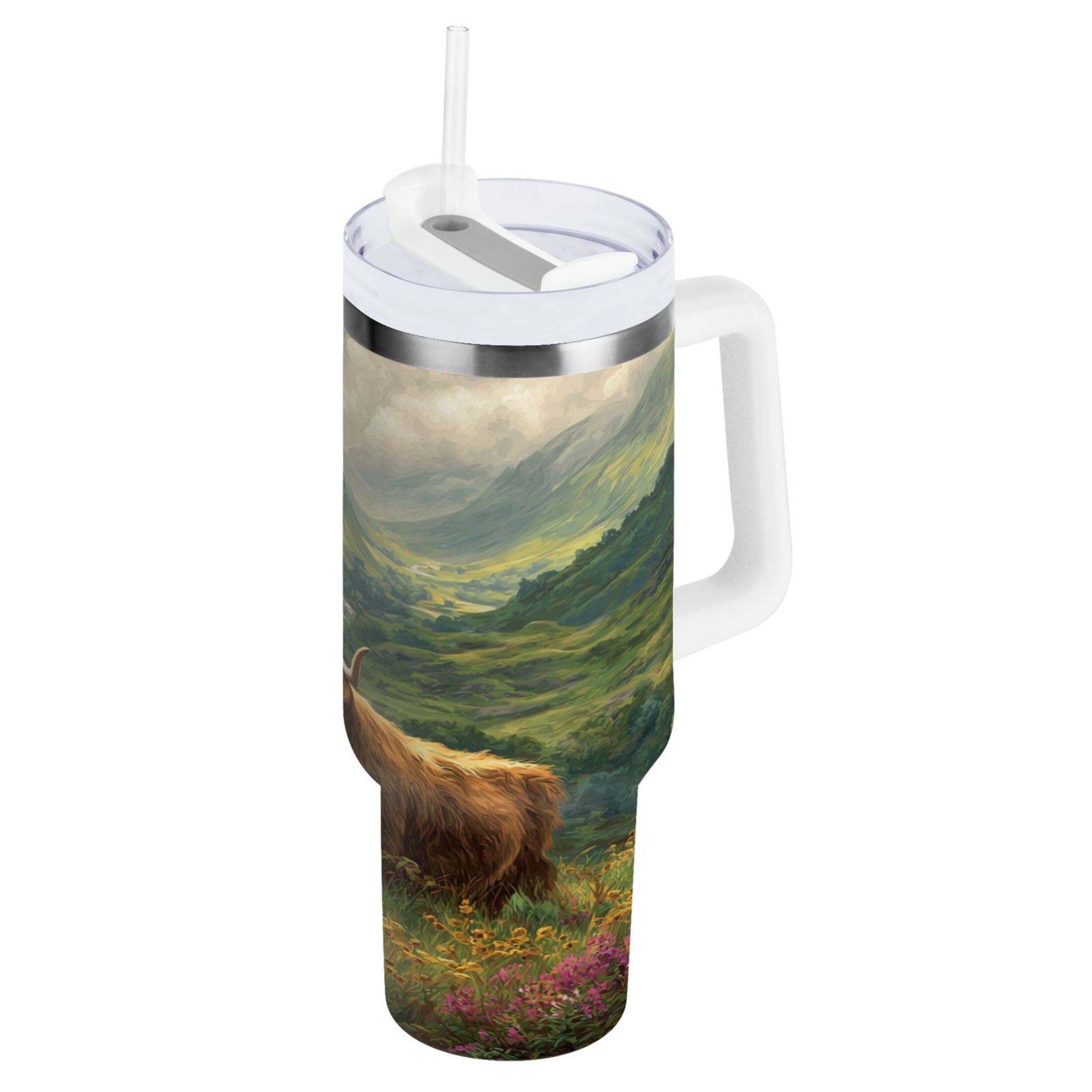 30 oz Insulated Stainless Steel Tumbler Double Wall Stainless Steel Tumbler with 2-Way Drinking Cow in Green Rolling Hills GH8P