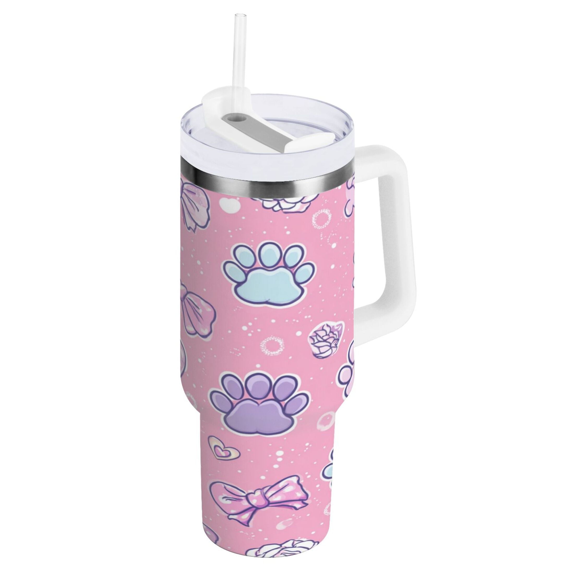 30 oz Insulated Stainless Steel Tumbler Double Wall Stainless Steel Tumbler with 2-Way Drinking Dog Paw Prints and Bows KWOF