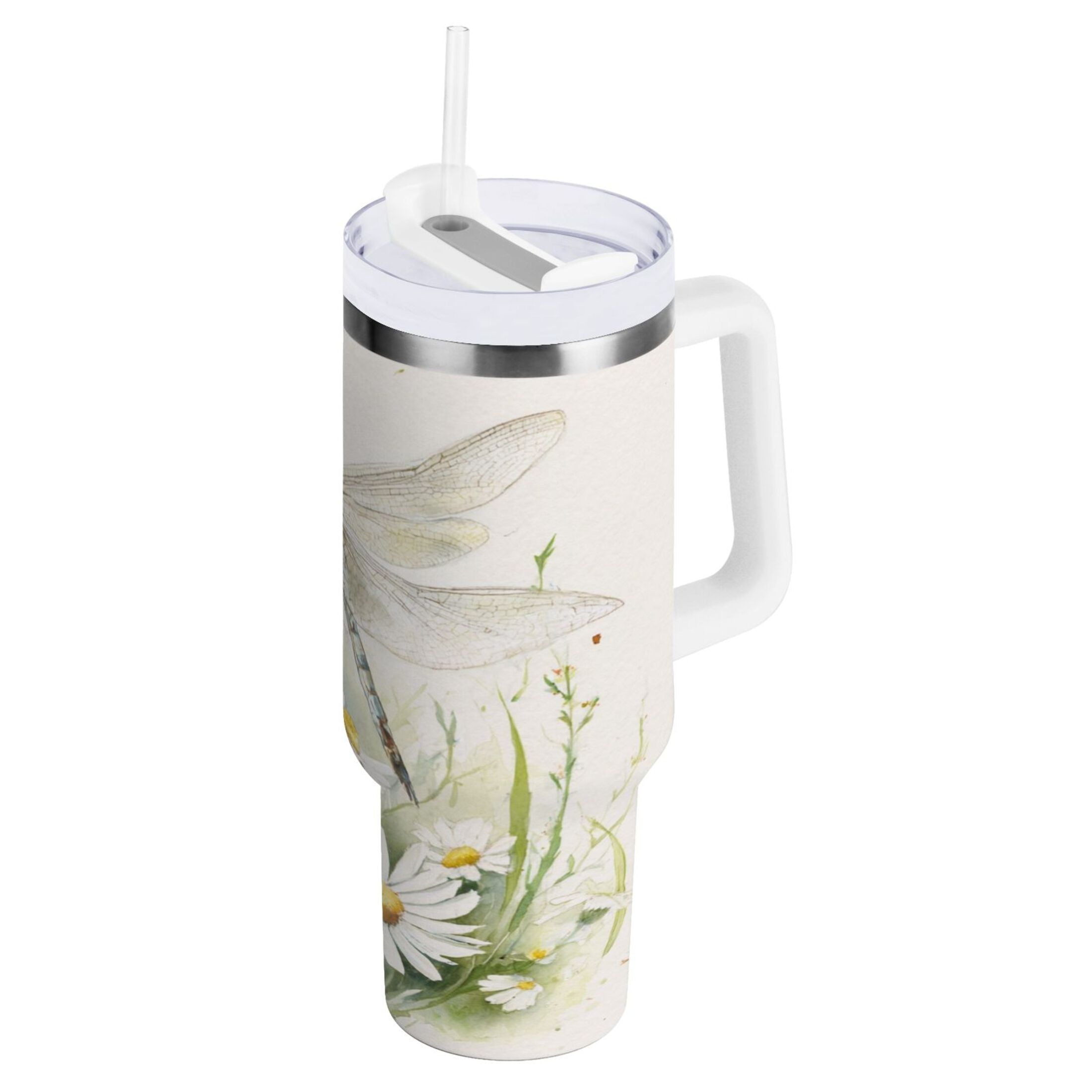 30 oz Insulated Stainless Steel Tumbler Double Wall Stainless Steel Tumbler with 2-Way Drinking Dragonflies with White Daisies 5Q18