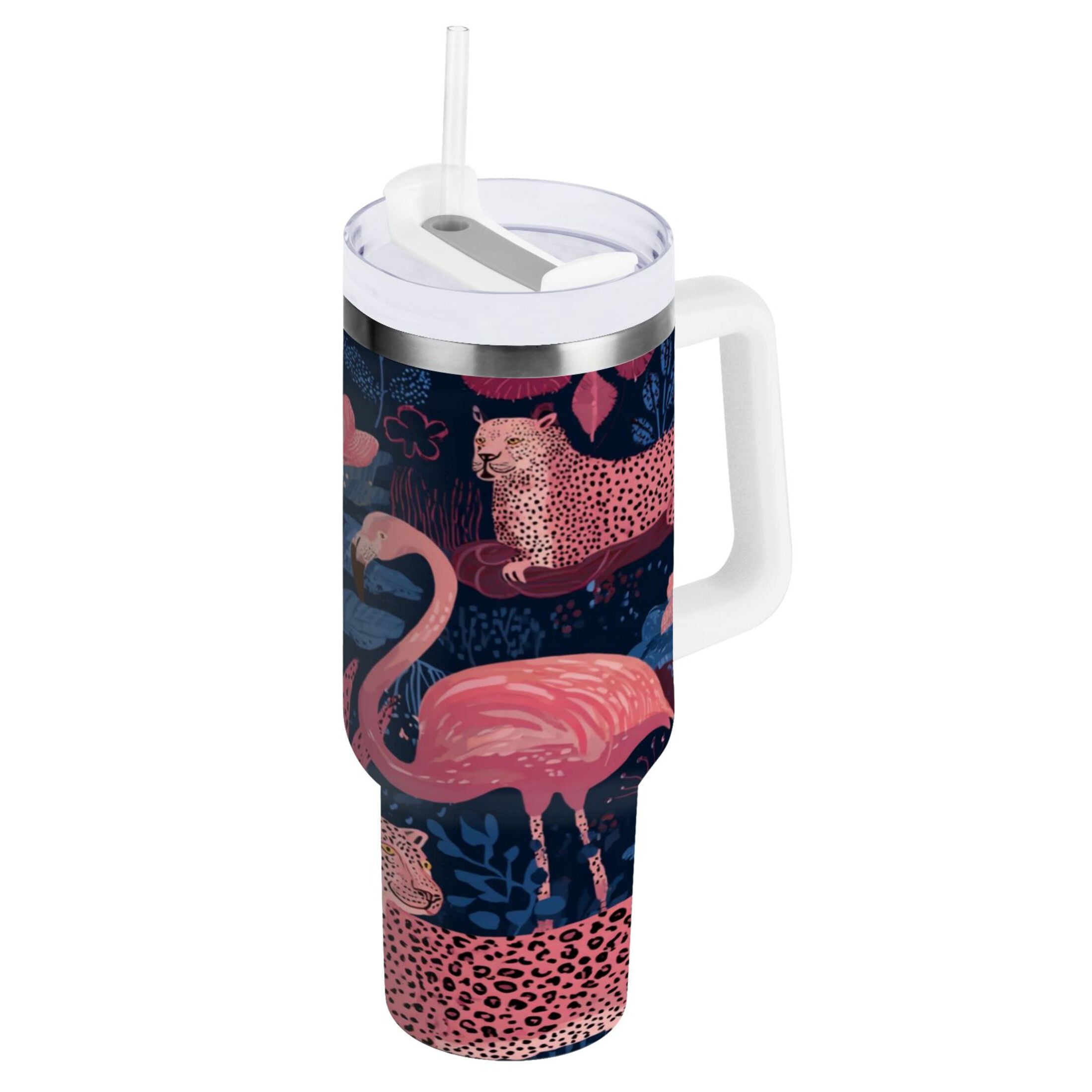 30 oz Insulated Stainless Steel Tumbler Double Wall Stainless Steel Tumbler with 2-Way Drinking Flamingos and Leopard Print 2NIH