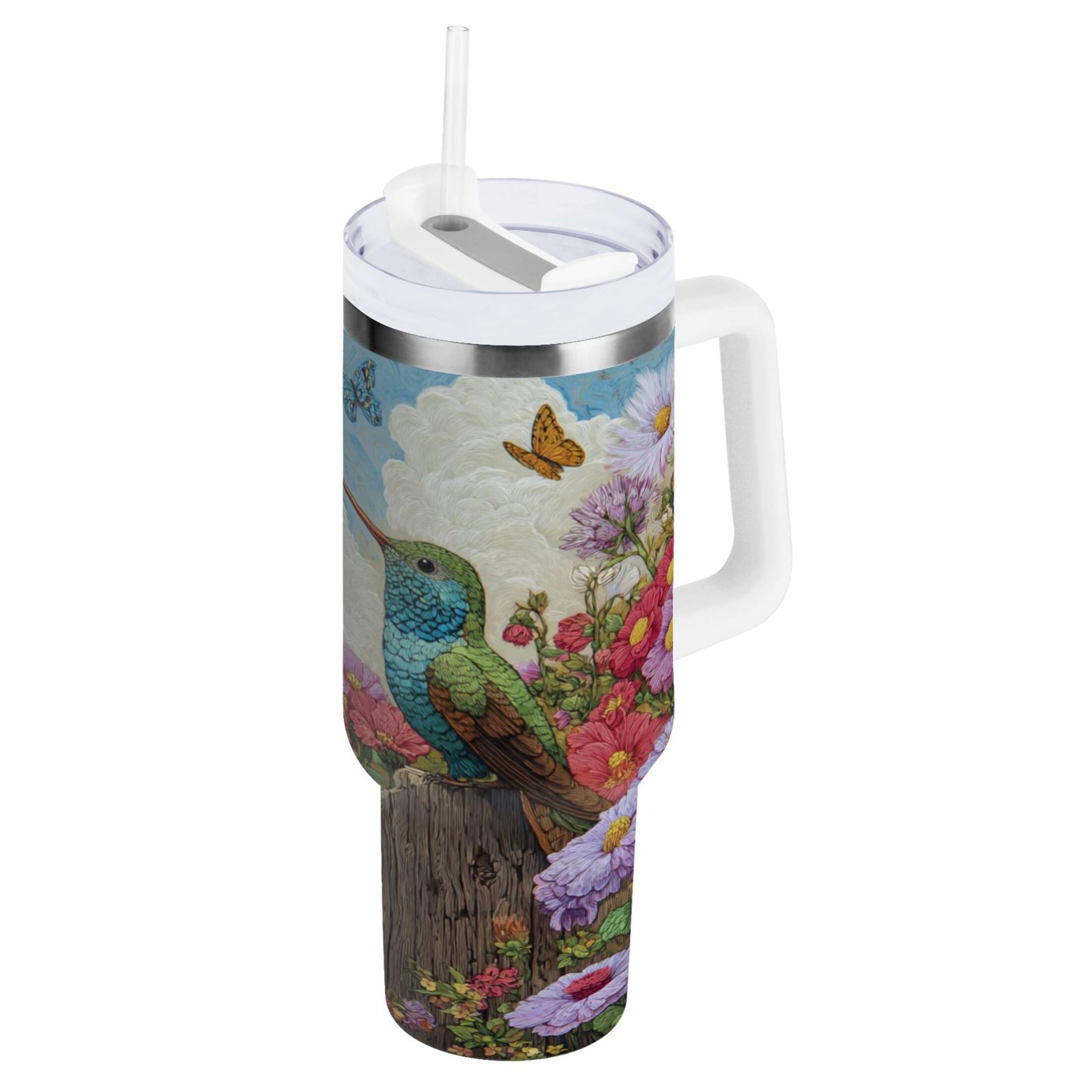 30 oz Insulated Stainless Steel Tumbler Double Wall Stainless Steel Tumbler with 2-Way Drinking Hummingbirds and Flowers VL7C