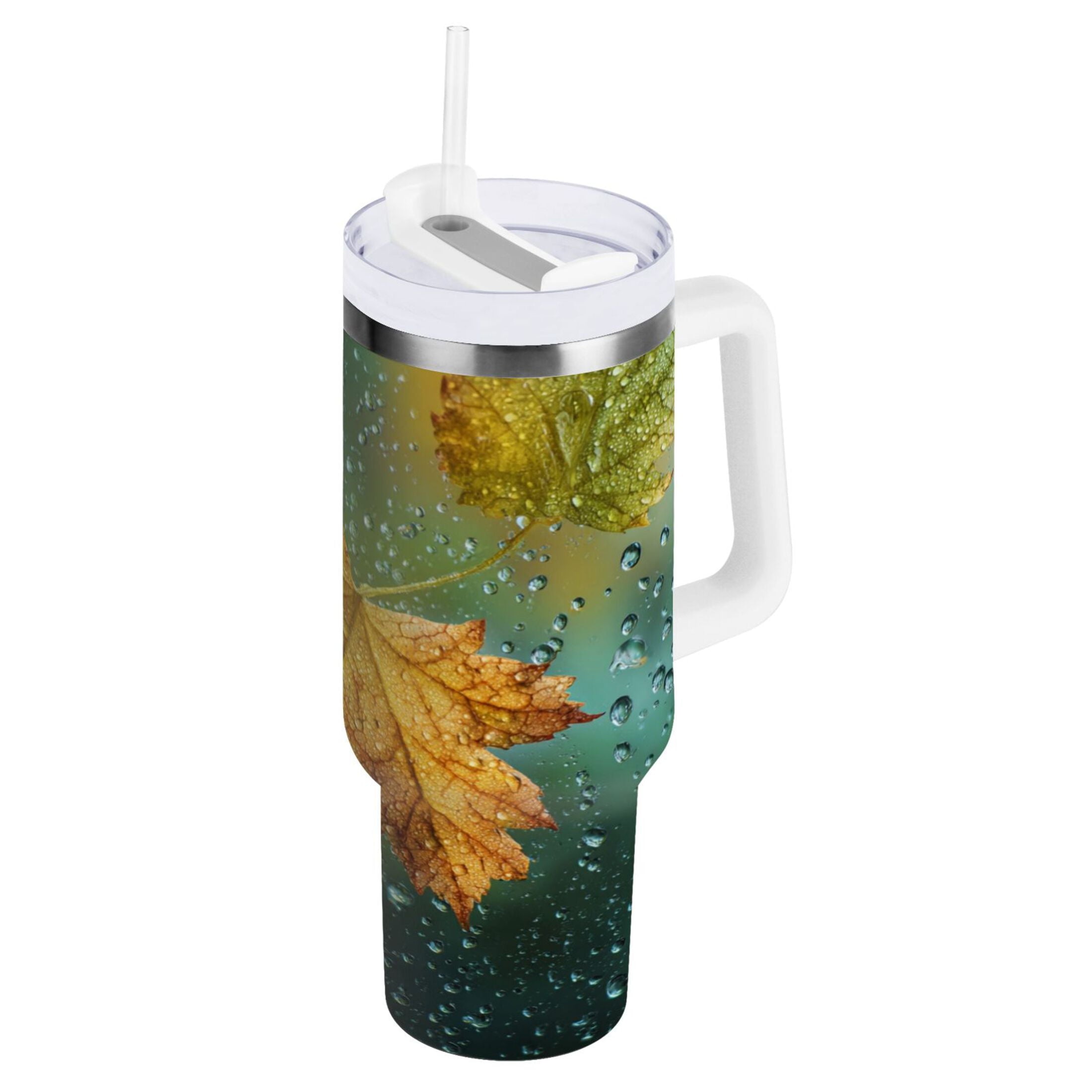 30 oz Insulated Stainless Steel Tumbler Double Wall Stainless Steel Tumbler with 2-Way Drinking Leaves with Water Droplets DSNH