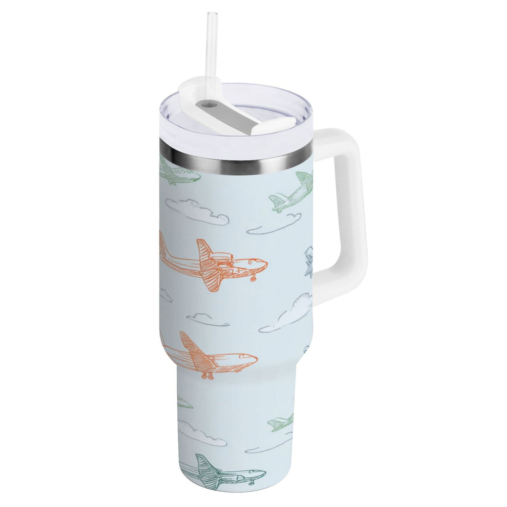 30 oz Insulated Stainless Steel Tumbler Double Wall Stainless Steel Tumbler with 2-Way Drinking Pastel Doodle Airplanes NJ7A