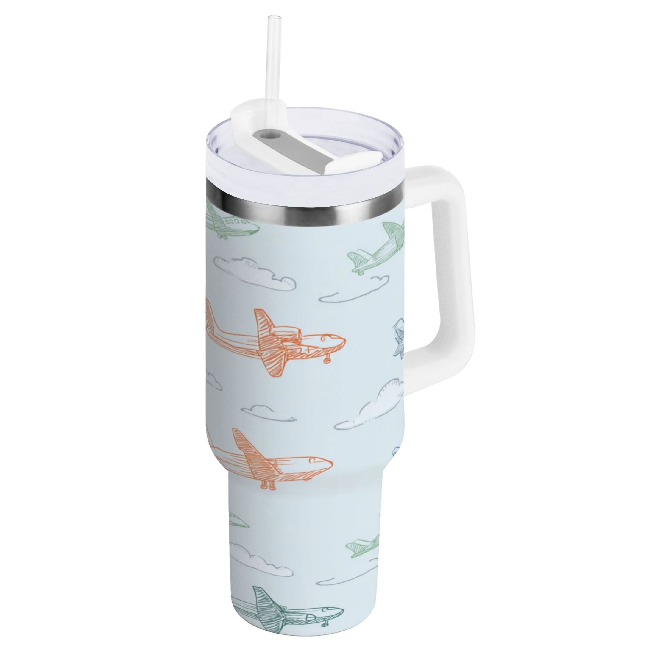 30 oz Insulated Stainless Steel Tumbler Double Wall Stainless Steel Tumbler with 2-Way Drinking Pastel Doodle Airplanes NJ7A