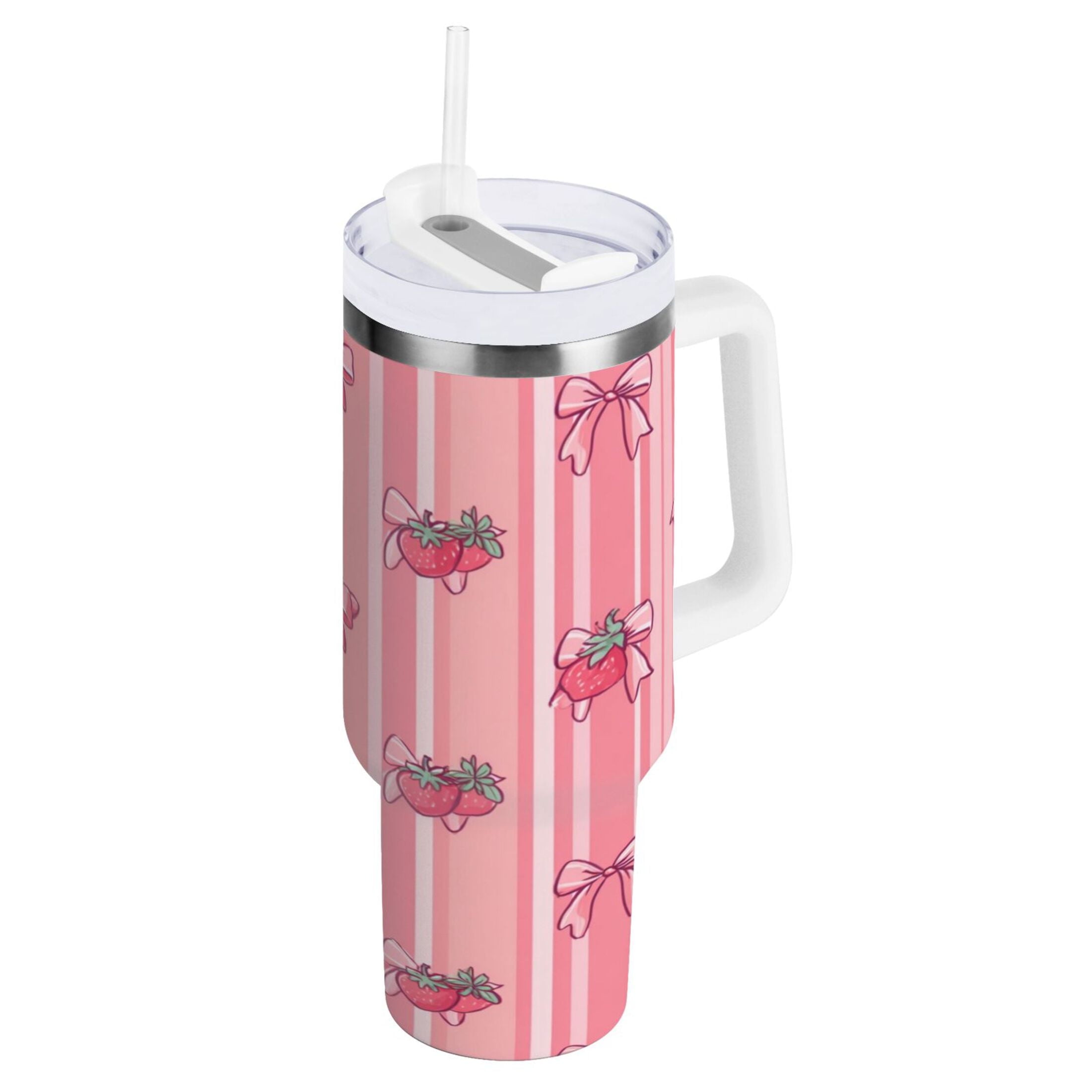 30 oz Insulated Stainless Steel Tumbler Double Wall Stainless Steel Tumbler with 2-Way Drinking Pink Bows and Strawberries AFBT