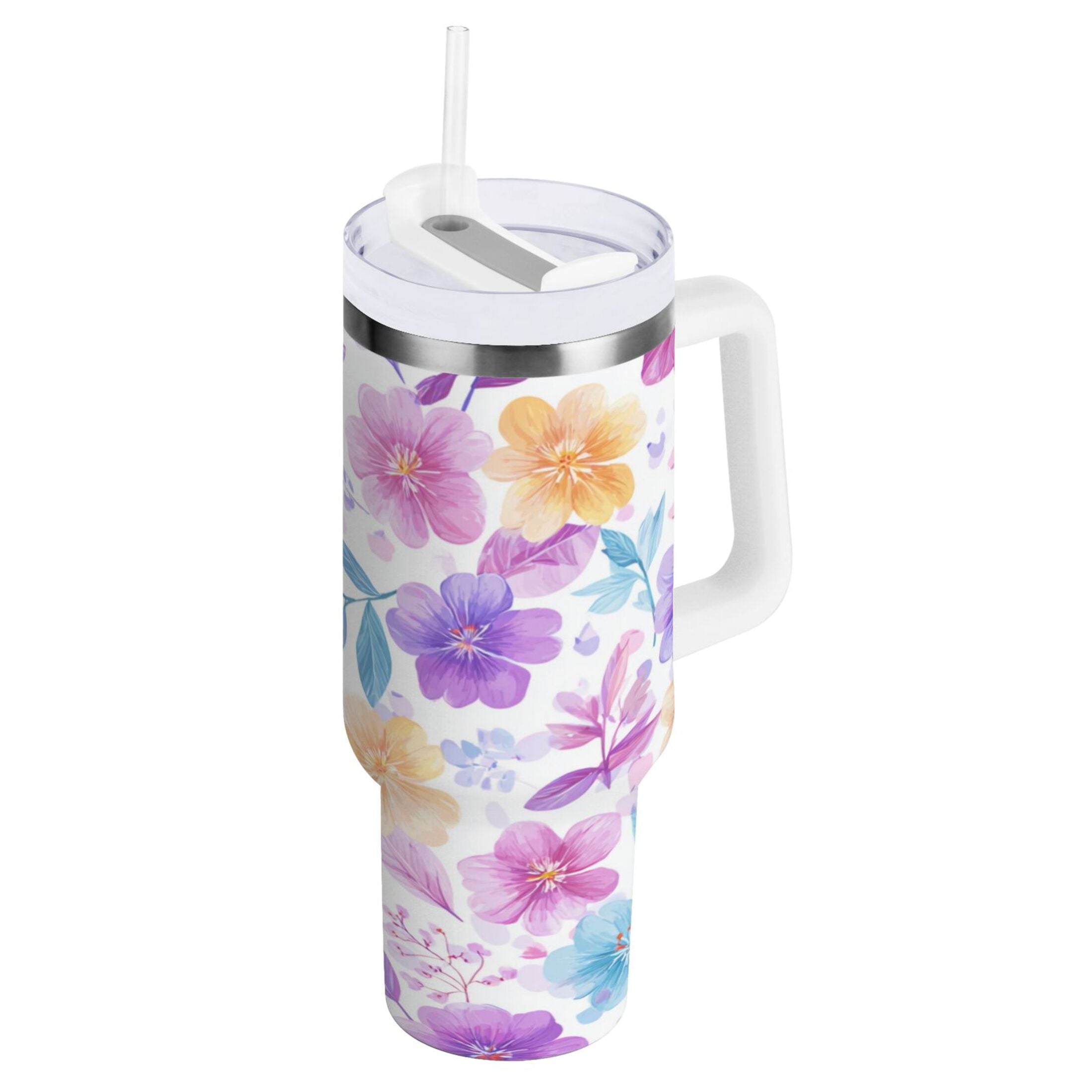 30 oz Insulated Stainless Steel Tumbler Double Wall Stainless Steel Tumbler with 2-Way Drinking Pink and Purple Flowers 5I2W