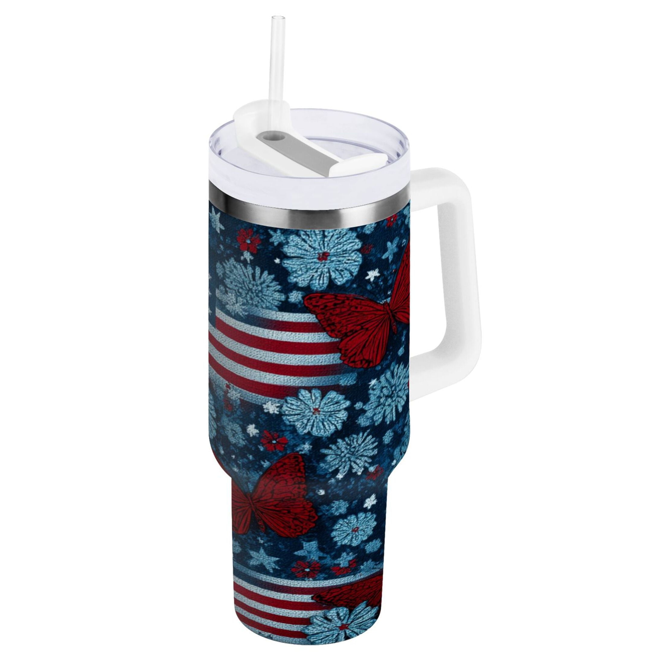 30 oz Insulated Stainless Steel Tumbler Double Wall Stainless Steel Tumbler with 2-Way Drinking Red Butterflies and Flags Y93R